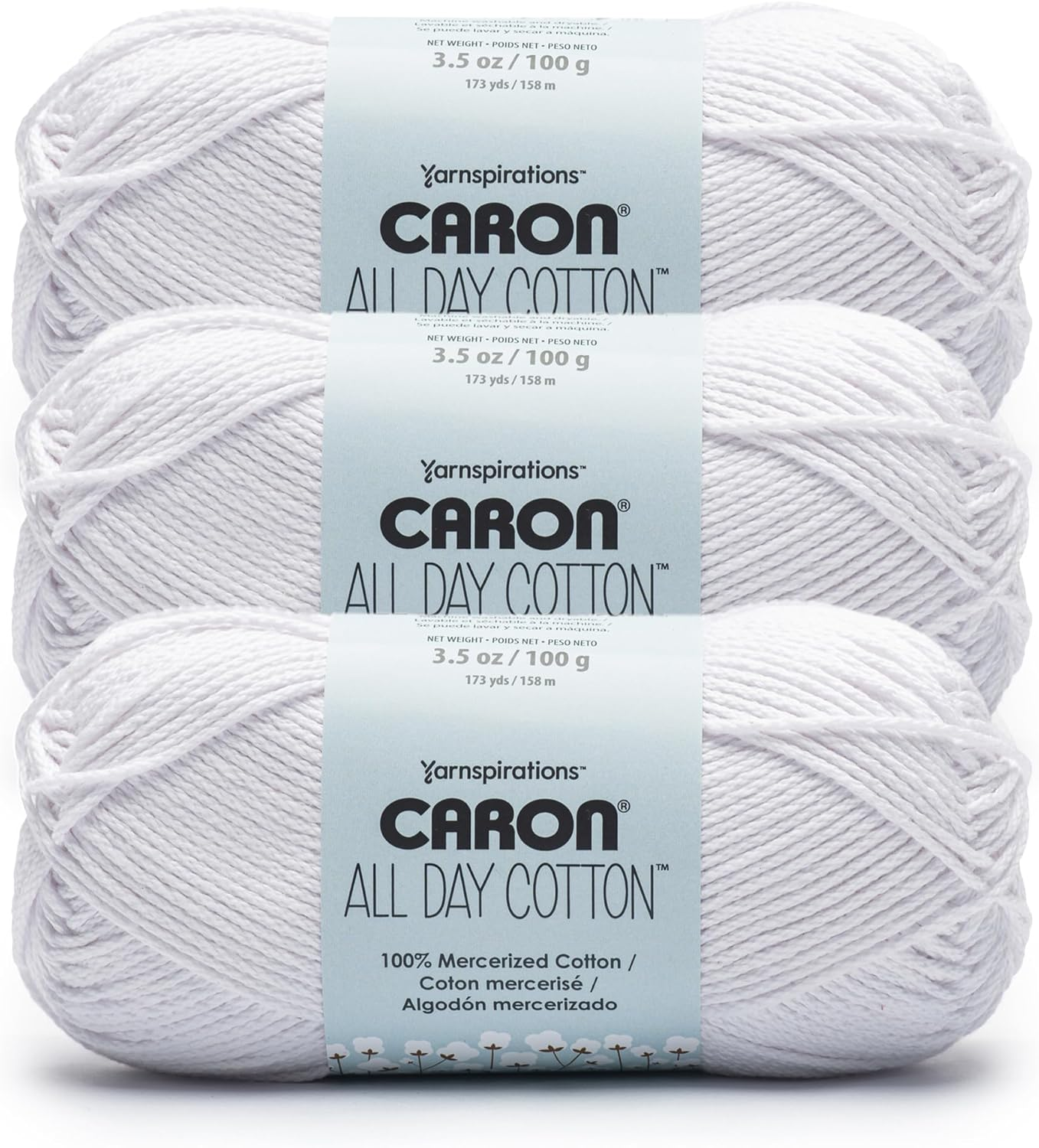 All Day Cotton - 3 Pack of 173 Yards/3.52 Oz White Shirt 100% Mercerized Cotton Yarn