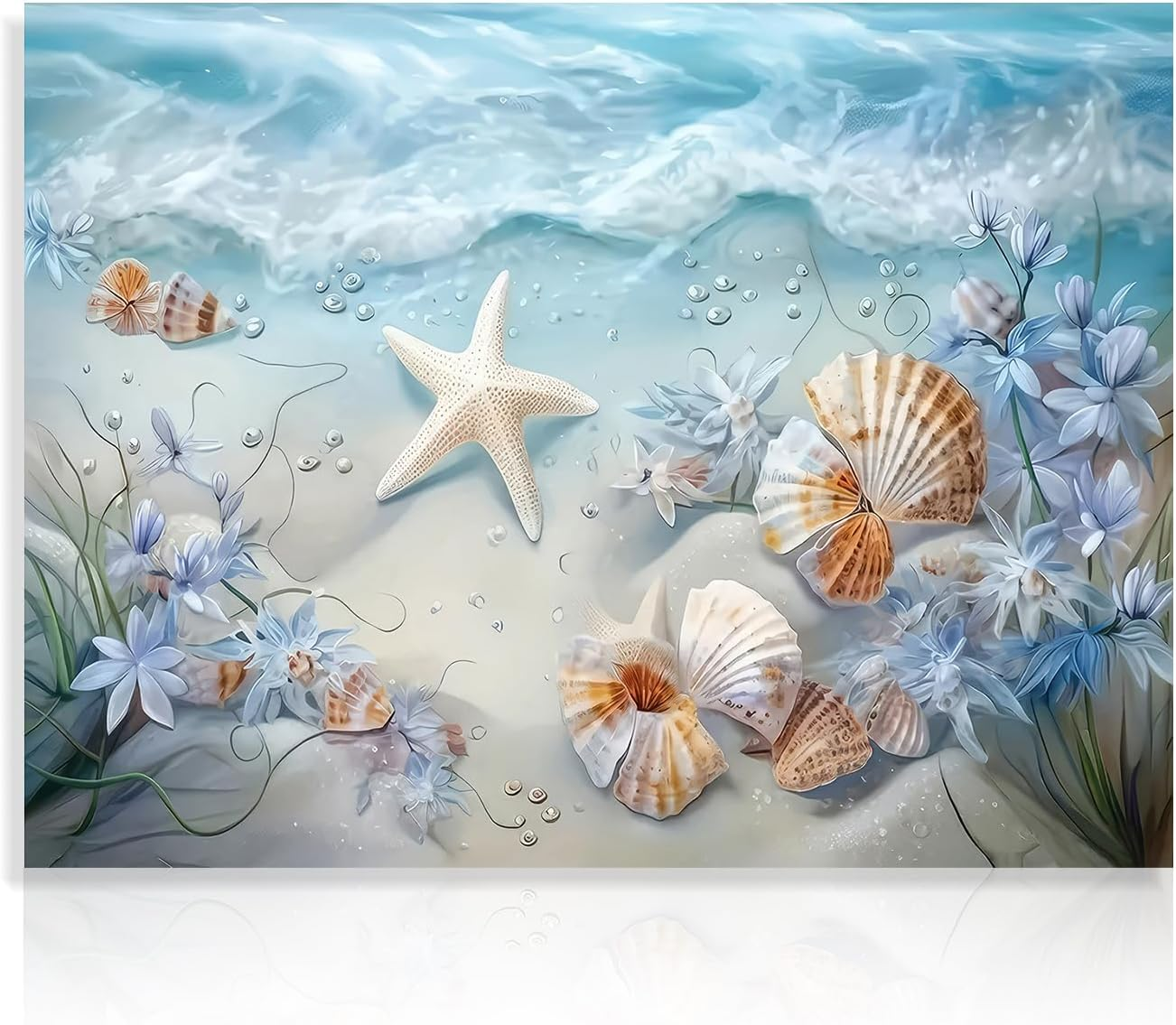 Ocean Waves Canvas Wall Art Sea Shells and Starfish Picture Coastal Beach Print