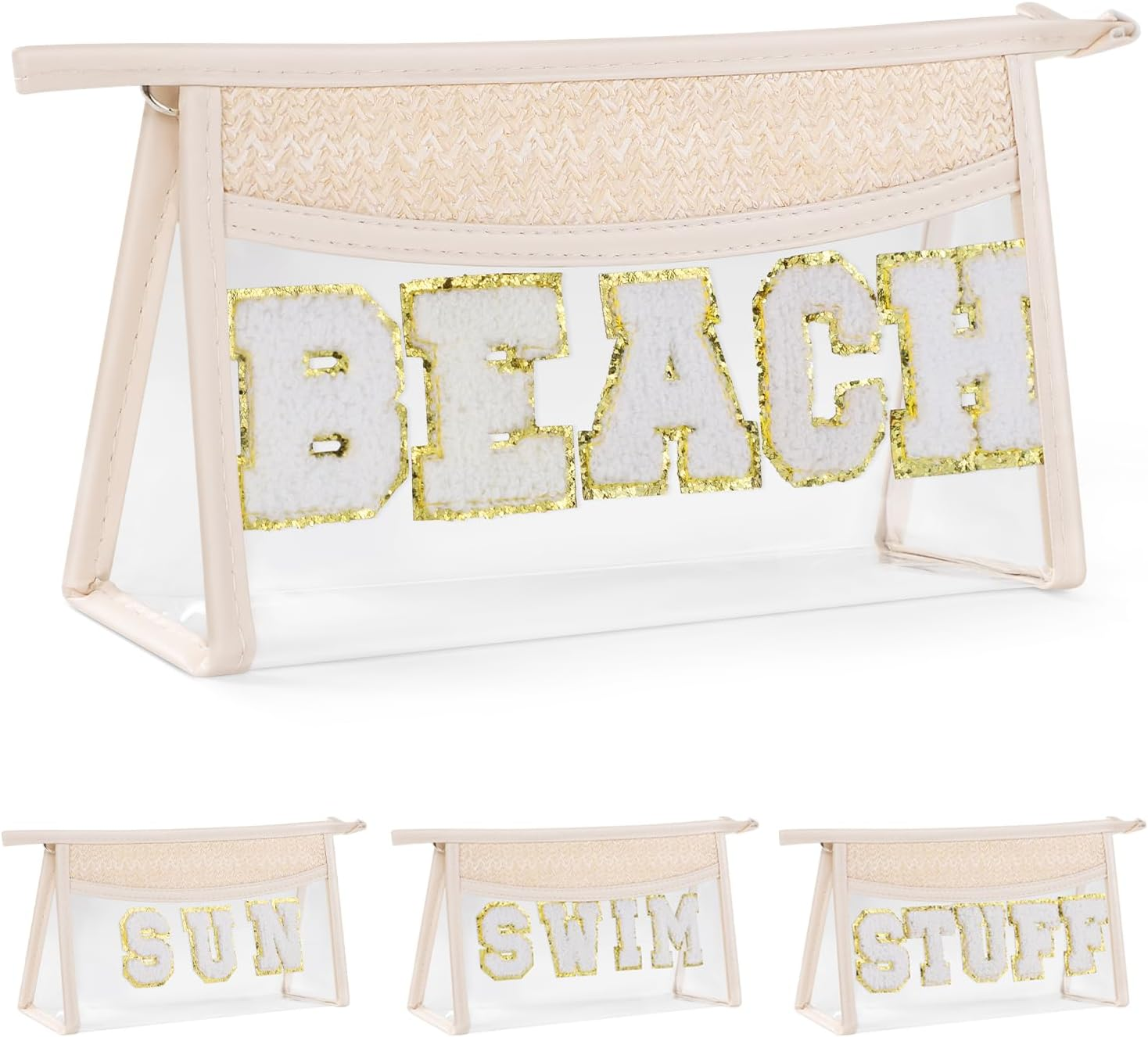 Boho Patch BEACH Makeup Bag, Clear PVC Travel Toiletry Bag Waterproof Beach Bags for Women, Small Chenille Letter Bag with Zipper for Beach Travel Essentials