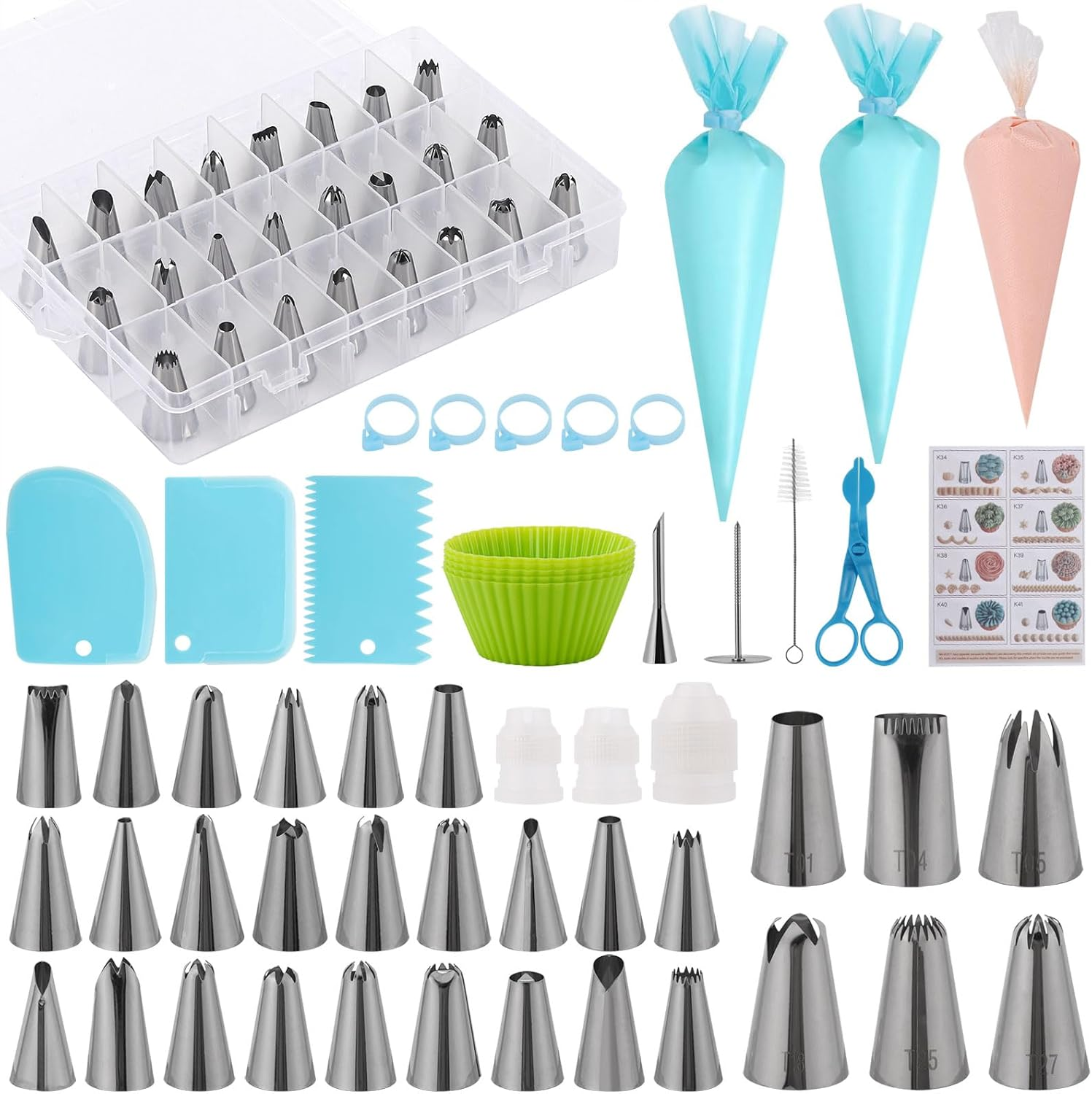 63Pcs Pro Cake Decorating Kit - Stainless Steel Icing Tips Piping Bags Set with Frosting Nozzles, Pastry Scrapers - Heavy-Duty Baking Tools for Cookies/Cupcakes