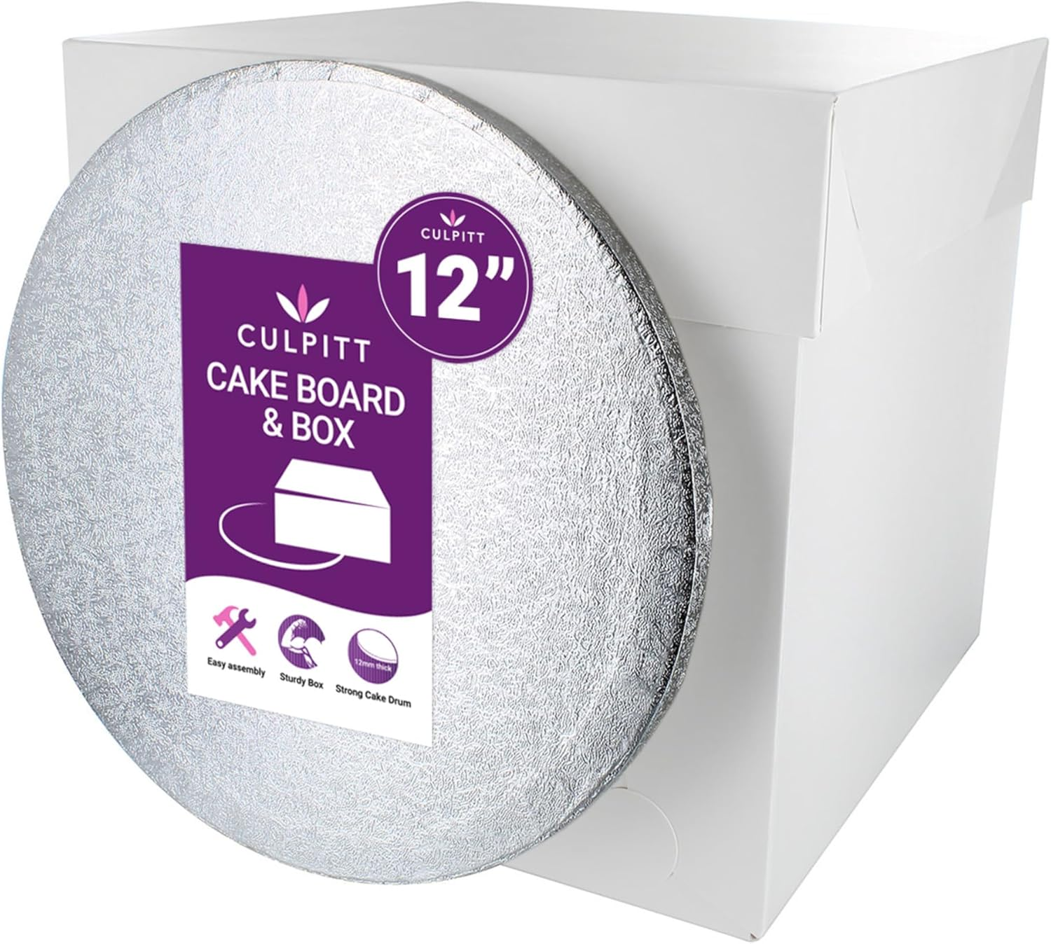 12" round Silver Cake Drum Board & Tall White Box Combo, 12 X 12 X 12 Inch Square Box and Matching Circle Set for Tiered or Decorated Cake Transport