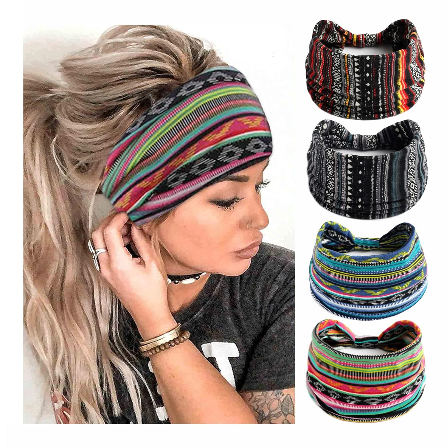 Boho Headbands for Women Fashion Stretch Wide Hair Bands Knoted Turban Head Bands Yoga Running Sweatband Elastic Headband Stylish Wrap Headbands Hair Accessories for Teen Girls 4 Pack