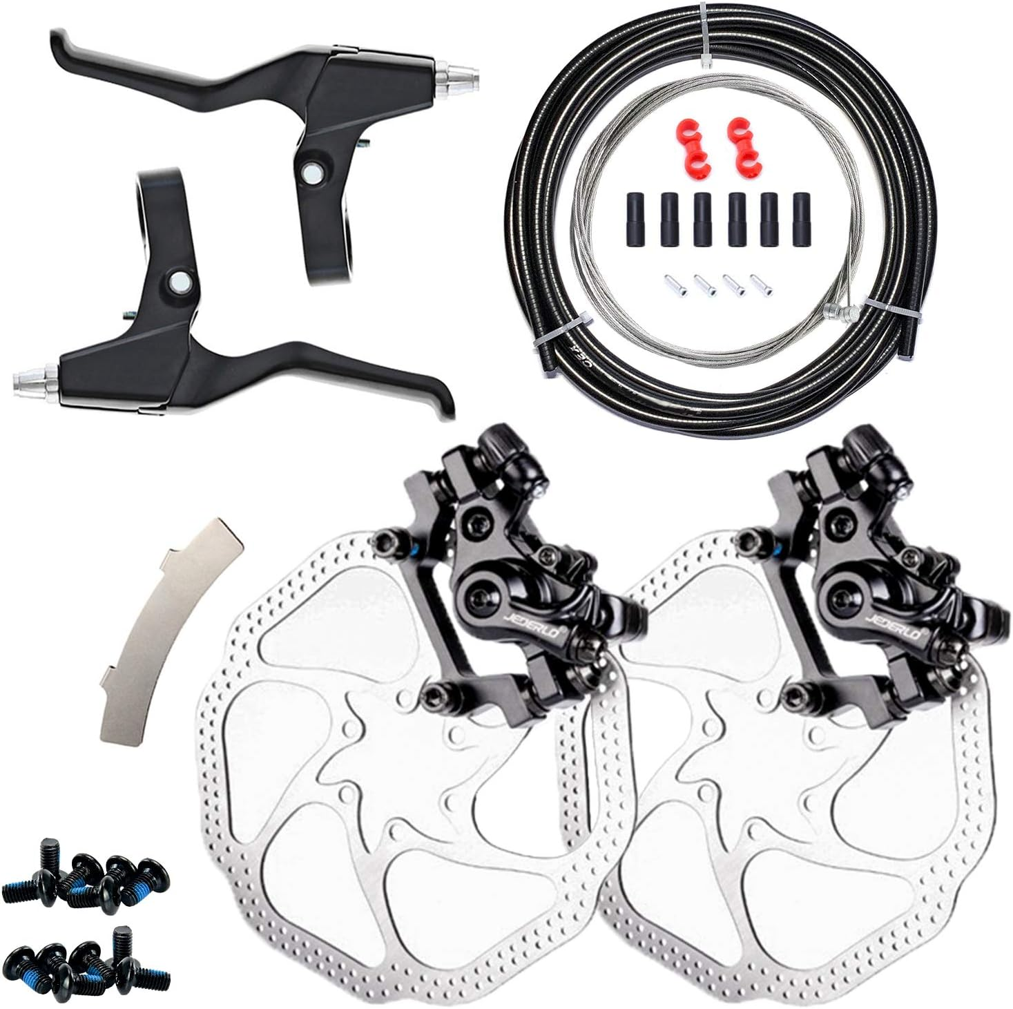 Mechanical Bike Disc Brake Kit, Including Front and Rear Caliper, Brakes Cables, Brake Levers, 160Mm Rotor, with Cable End Tips Caps, Rotating S-Hook Clips, Disc Rotor Adjuster