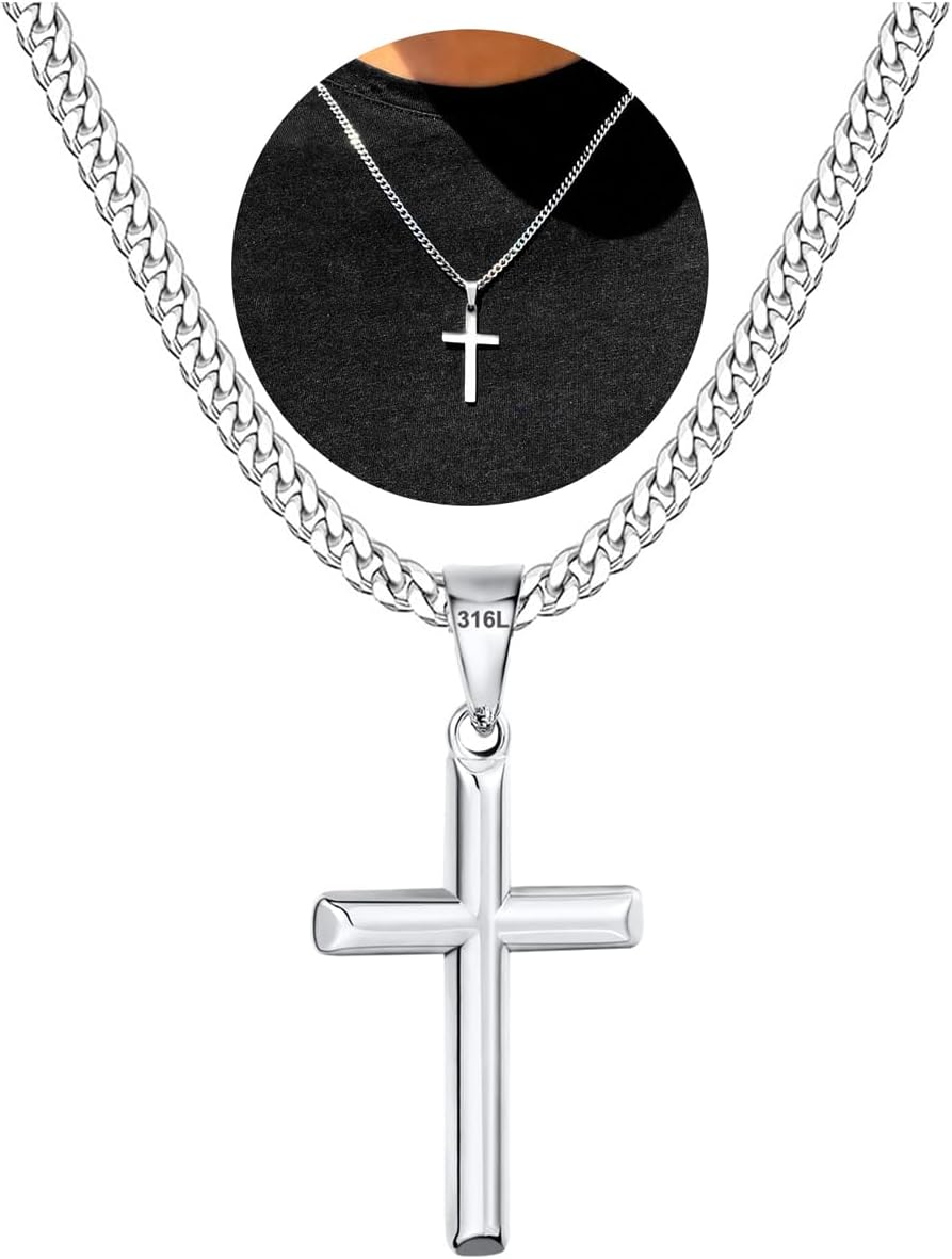 316L Stainless Steel Cross Chain Necklace Valentines Stuff Jewelry Gifts for Men Boys, Silver Gold Black Necklaces 5Mm Non-Fading Sturdy Cuban Chain with Cross Pendant 14/16/18/20/22/24Inch