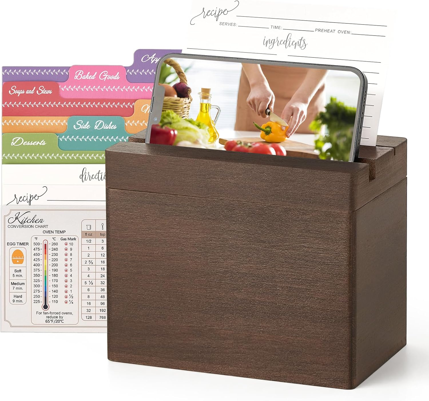 Wooden Recipe Box with 100 Cards, Dividers, and Phone Holder for Cooking Enthusiasts