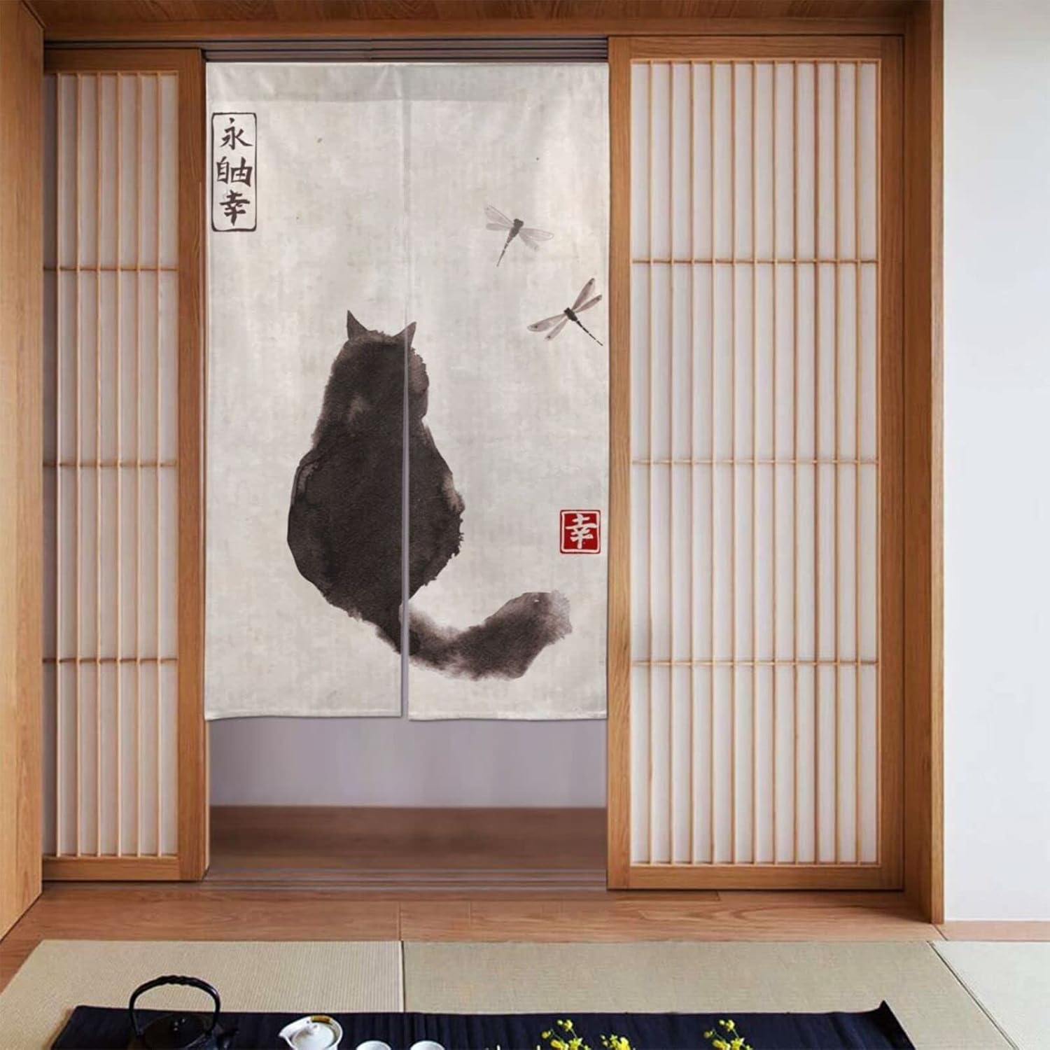 Japanese Noren Curtain Doorway Divider Cat and Dragonfly Ink Painting Restaurant Door Curtain Tapestry for Home Decoration One Size