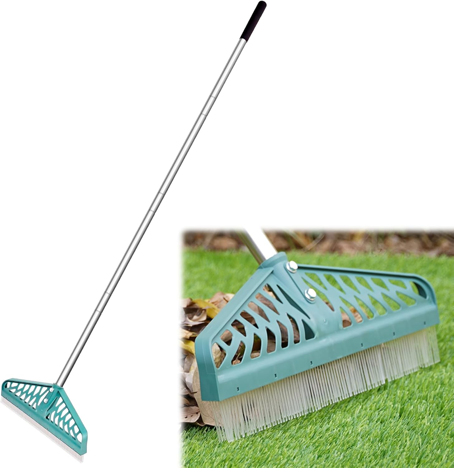 Artificial Turf Rake with Adjustable Steel Handle from 32 to 61 Inch, Durable Artificial Grass Rake, Turf Brush for Cleaning Pet Hair, Large Fallen Leaves and Dead Grass from Artificial Turf