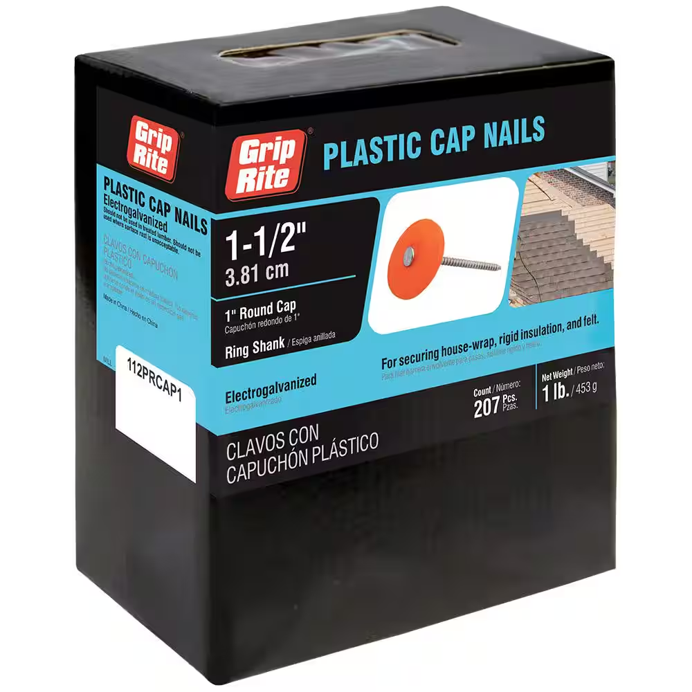 1-1/2 In. X 12-Gauge Electrogalvanized Plastic round Cap Roofing Nails 1 Lb. Box
