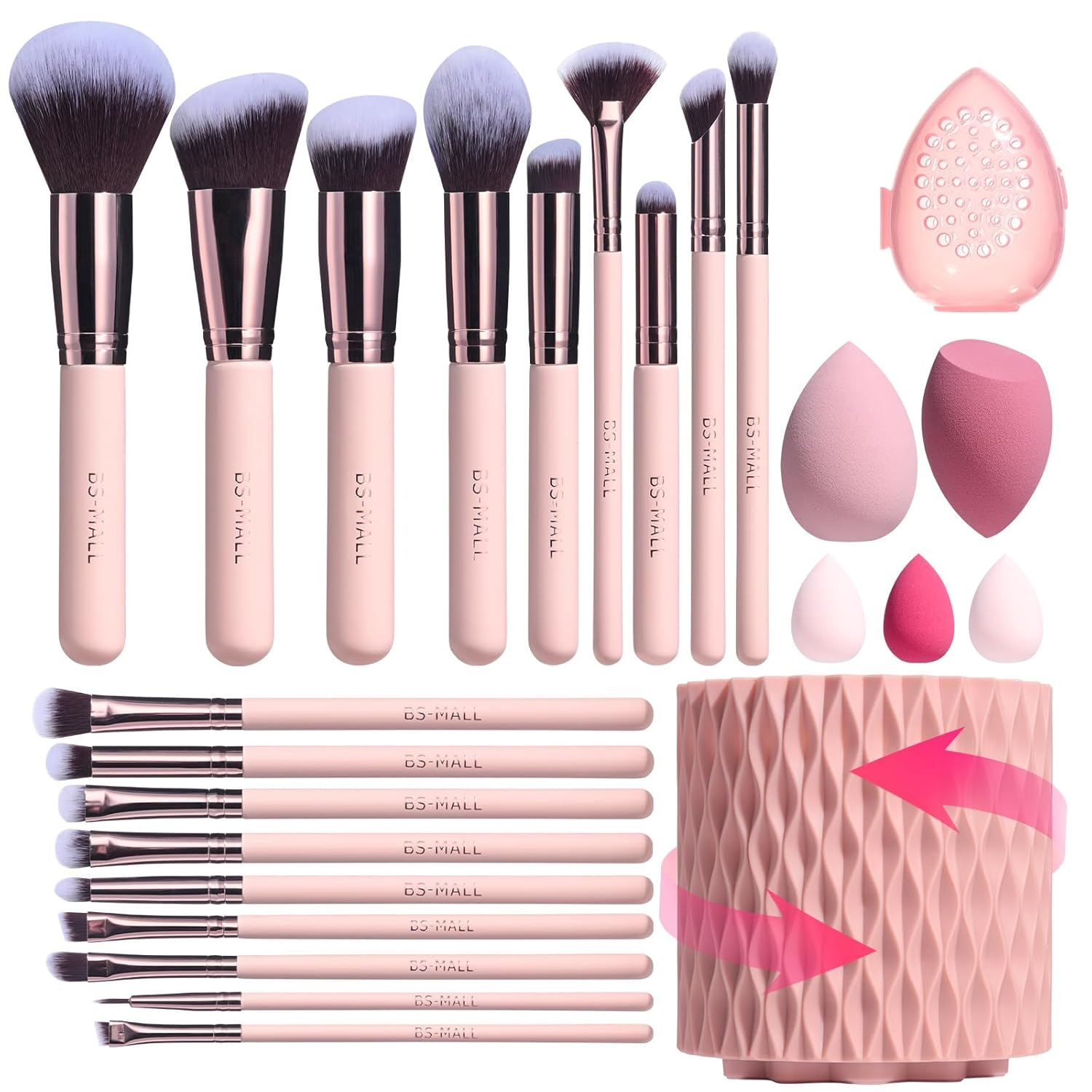  Makeup Brushes Premium Synthetic Foundation Powder Concealers Eye Shadows 18 Pcs Brush Set with 5 Sponge & Holder Sponge Case (A-Pink)