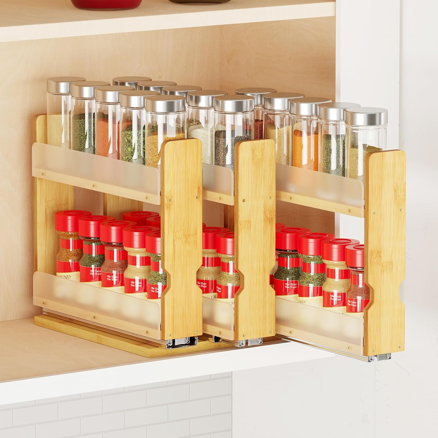 Bamboo Pull Out Spice Rack Organizer for Cabinet, Heavy Duty Slide Out Seasoning Kitchen Pantry Sliding Vertical Organization, 7.6