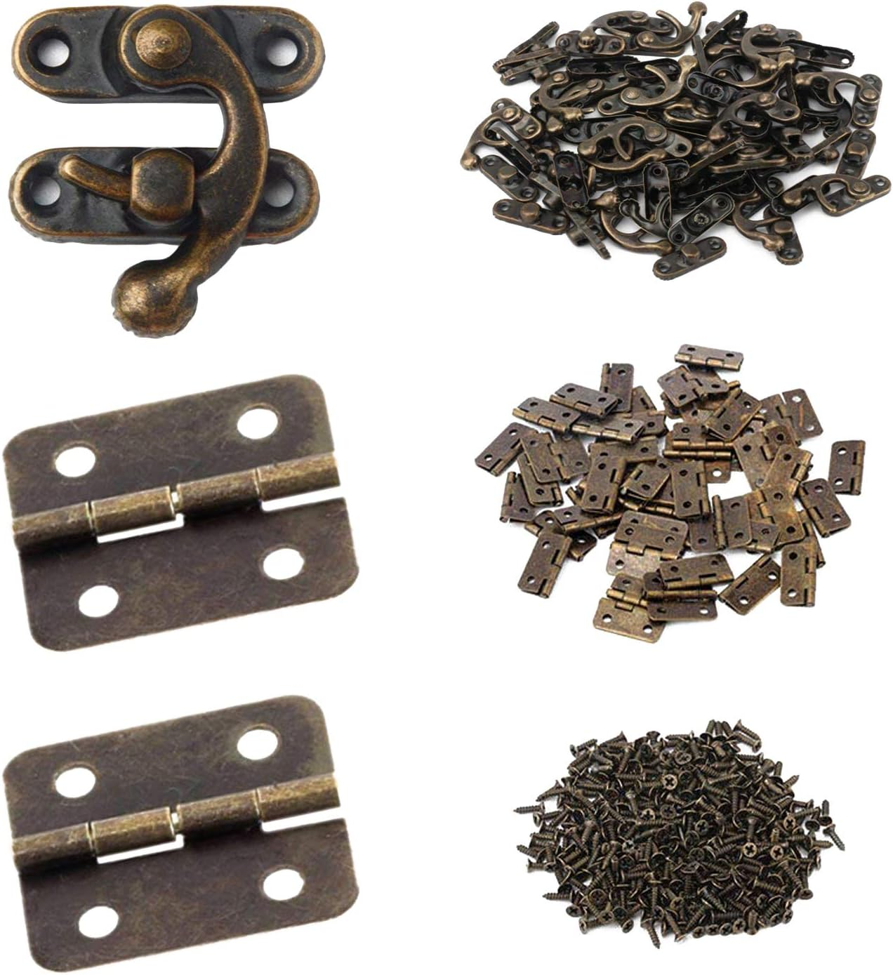 Gizhome 25 Sets Antique Right Latch Hook Hasp and 50 Sets Antique Bronze Small Box Mini Hinges with Replacement Screws for Wood Jewelry Box, Bronze Tone