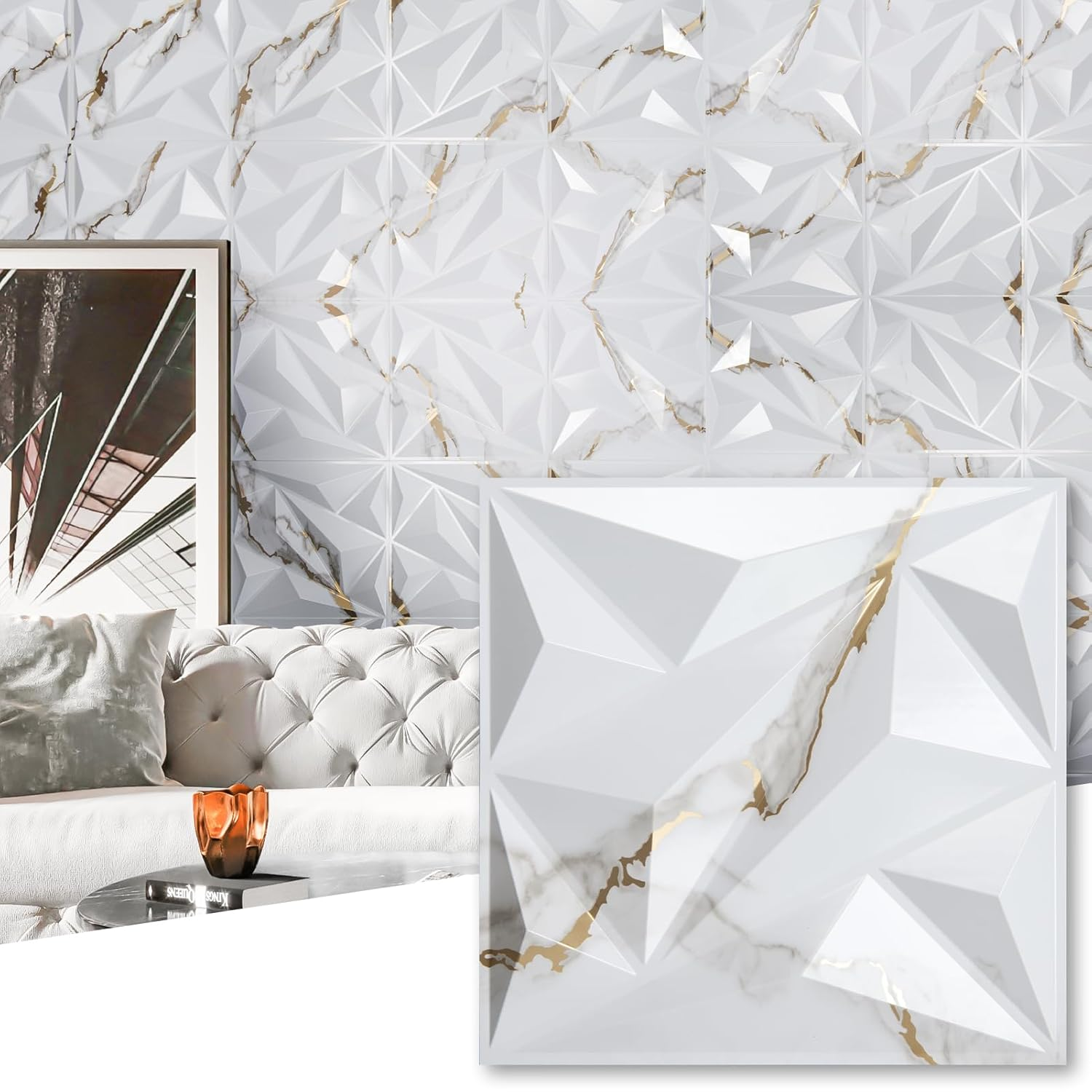 33 Pack 3D Wall Panel Diamond for Interior Wall Décor, PVC Textured Wall Panels, 12''X12'' Cover 32.Sq.Ft. Gold Veined White