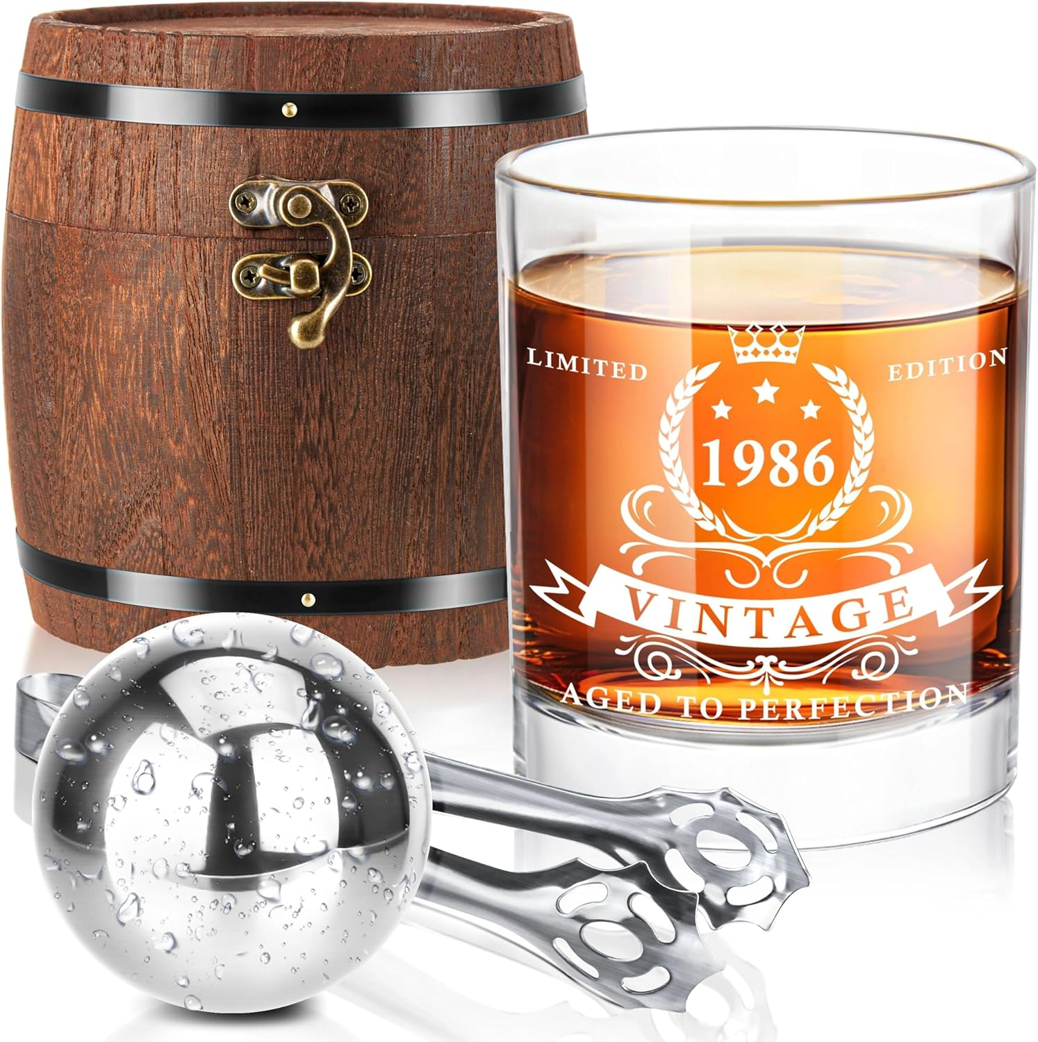 40Th Birthday Gifts for Men,1986 Whiskey Glass Set in Barrel Box,40 Years Old Gifts,40Th Birthday Gift Ideas for Dad Husband
