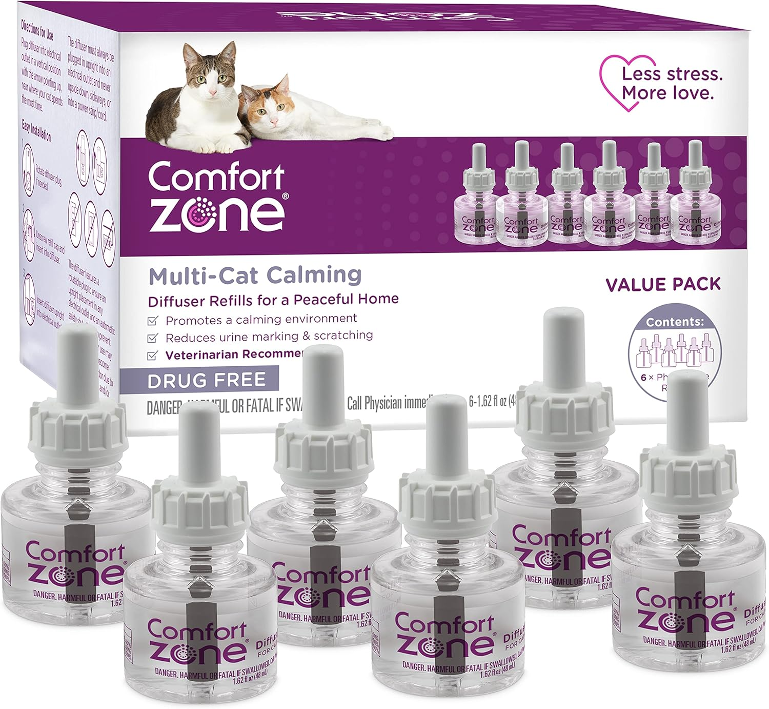COMFORT ZONE 6 Pack Multicat Diffuser Refills; Cat Calming Pheromones Help Anxiety; 30-Day Refills