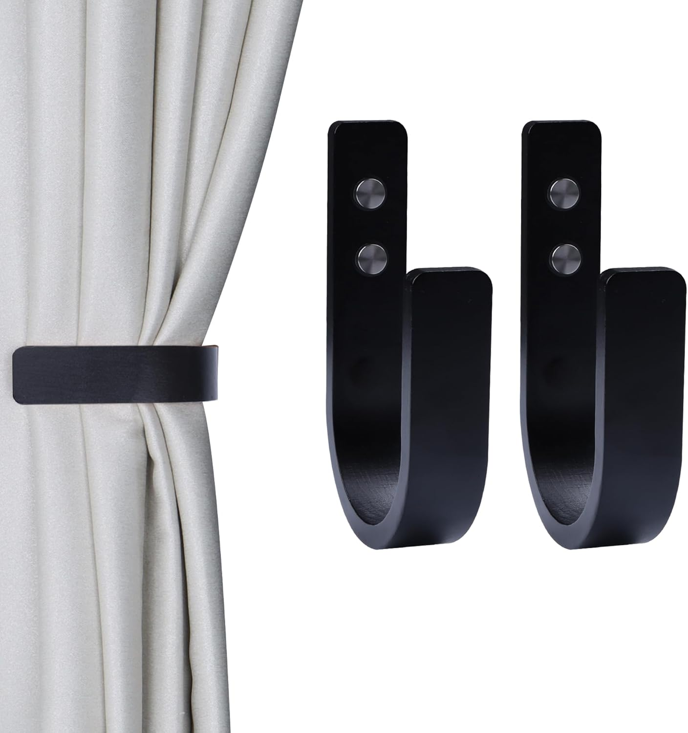 2 Piezas Sujeta Cortinas Madera Ganchos En U Soporte Pared Tiradores Negro