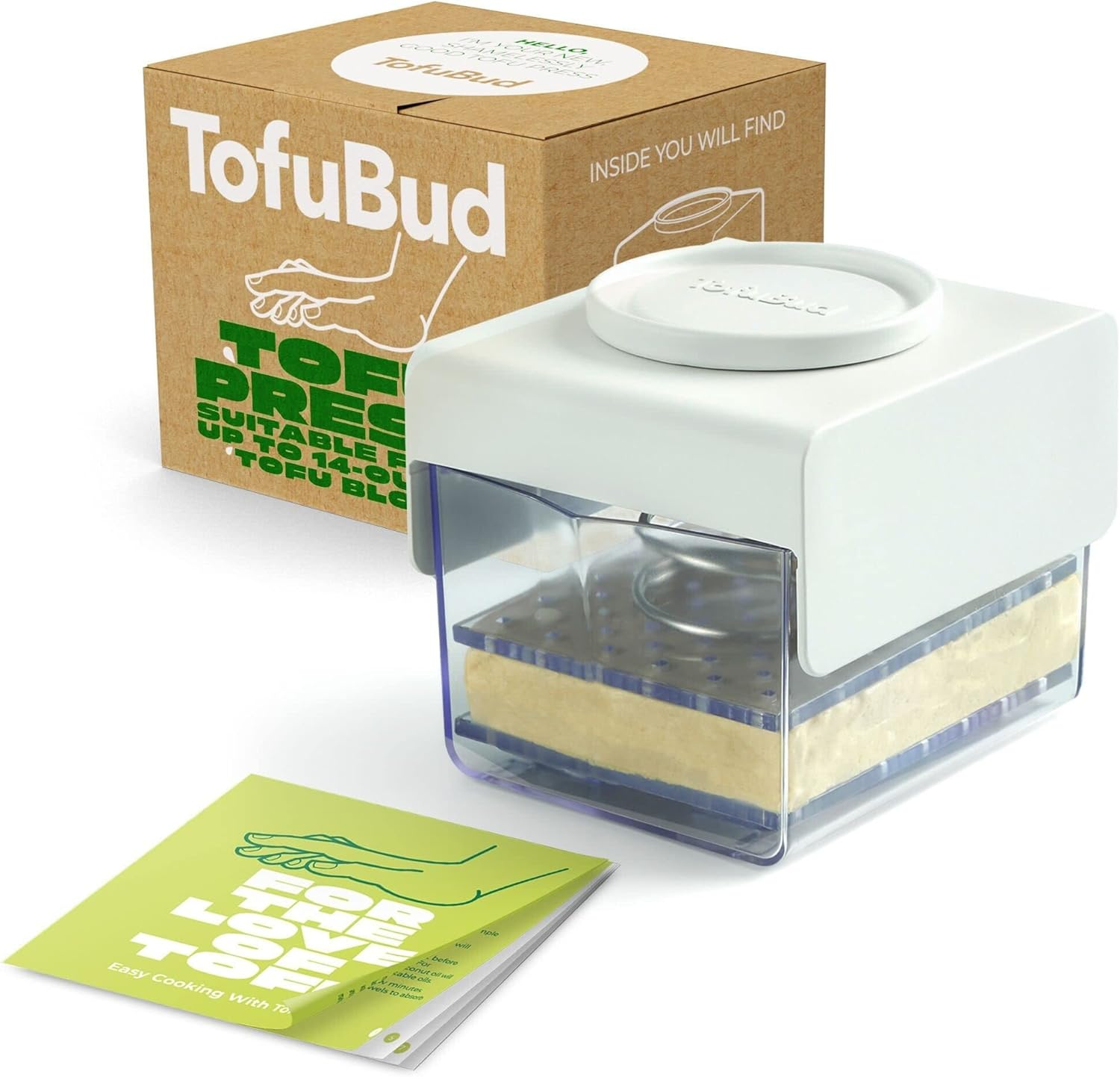 Tofubud Tofu Press - Presser for Firm or Extra Firm Tofu - Dishwasher Safe with Water Drainer - Made from Durable Sustainable Materials - Perfect for Vegan Cooking - Healthy Recipes Cookbook Included