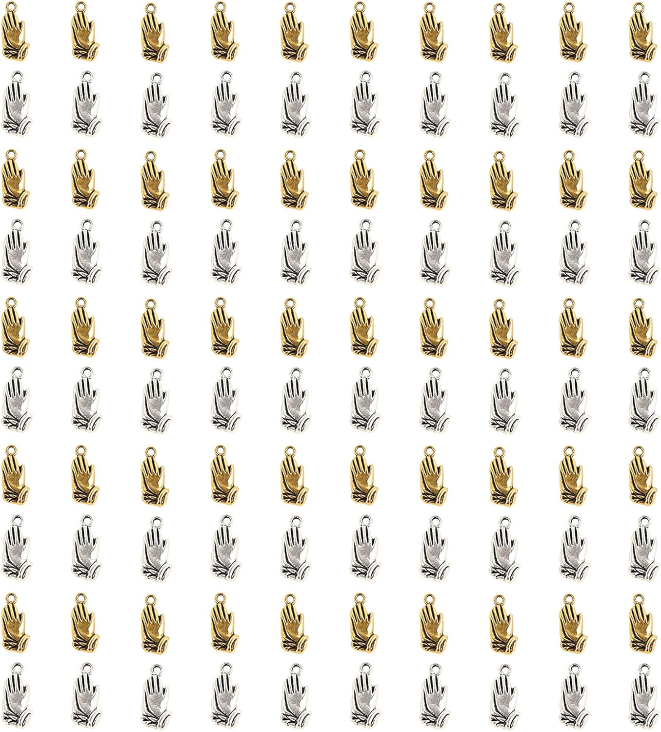 100 Pack Antique Silver & Gold Prayer Hands Charms for Jewelry Making