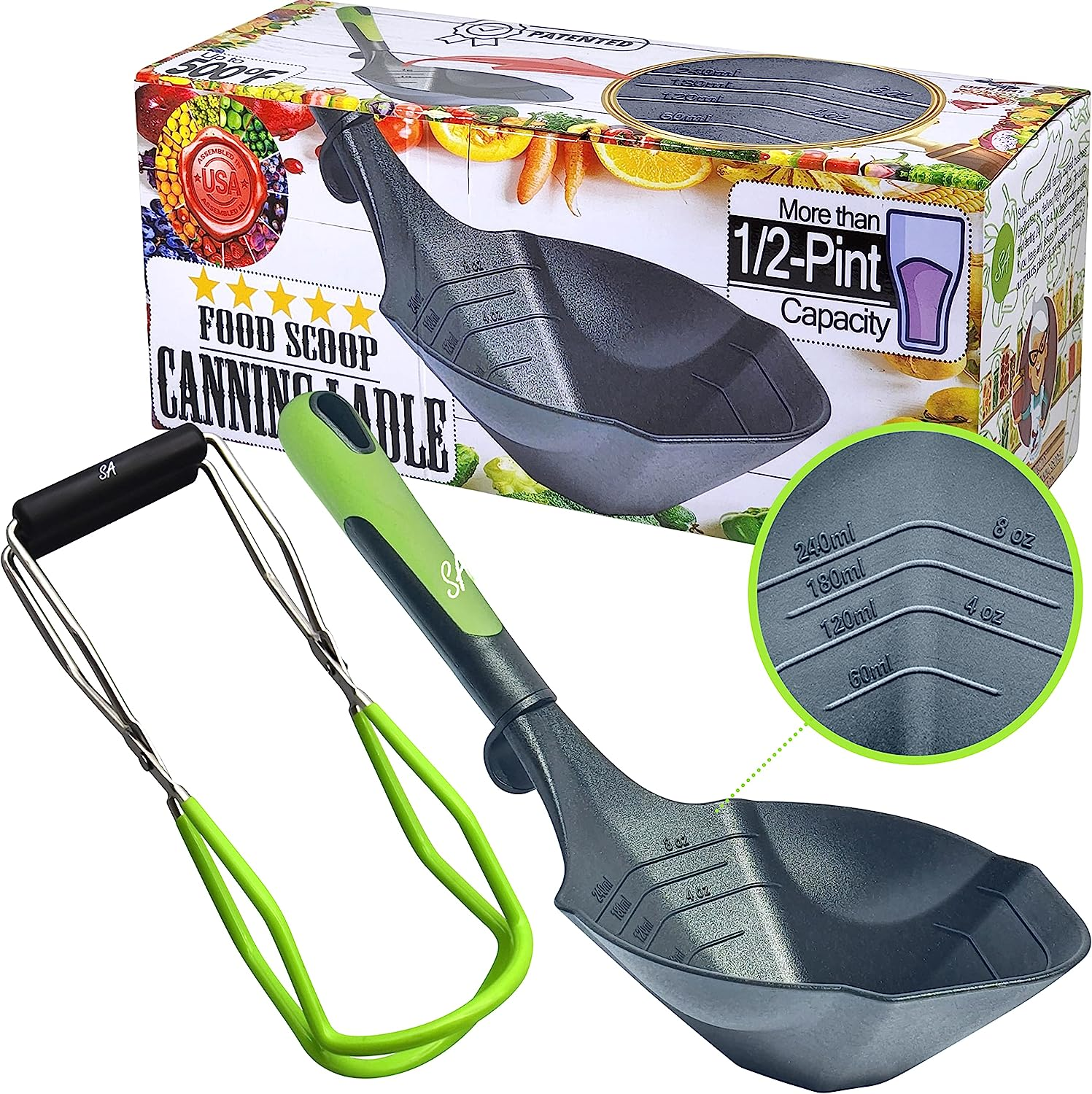 Canning Jar Lifter and Canning Ladle Scoop Tools, Canning Supplies, ½-Pint Capacity 500F (Assembled in USA)