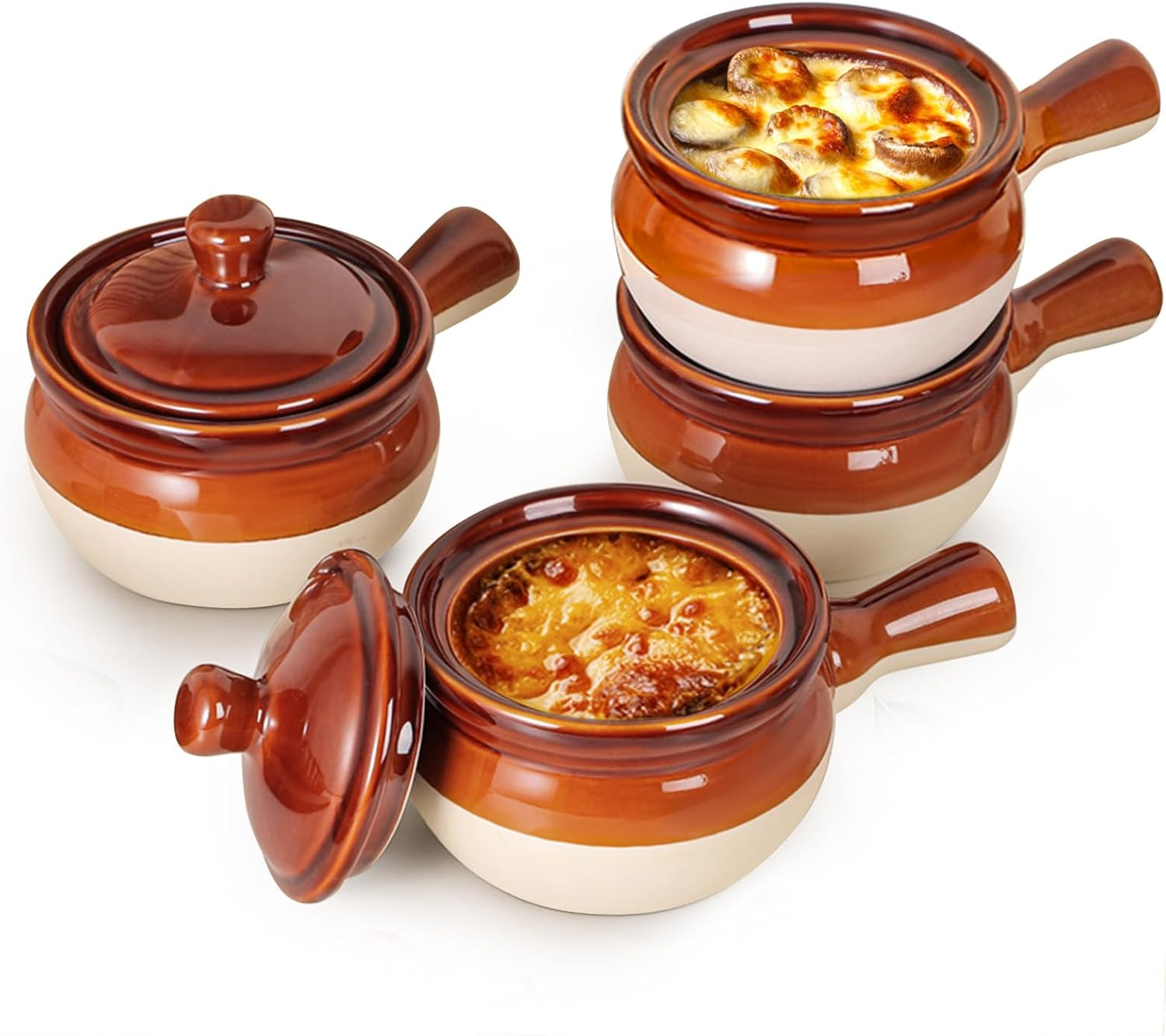 French Onion Soup Bowls, 18 Oz French Onion Soup Crocks Oven Safe, Soup Crocks with Handles and Lids, Ceramic Soup Bowls for Soup, Stew, Chilli, Set of 4