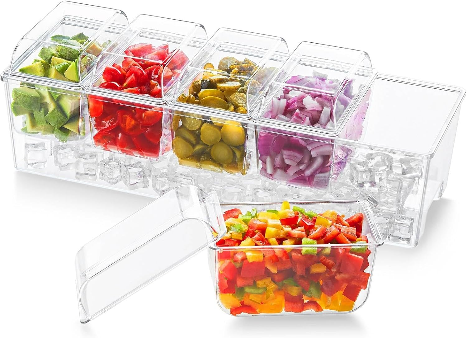 Ice Chilled Condiment Caddy with 5X 20 Oz Containers, Condiment Server with Separate Lid, Serving Tray Platter with Removable Dishes for Bar, Fruit, Salad, Taco, Party Garnish
