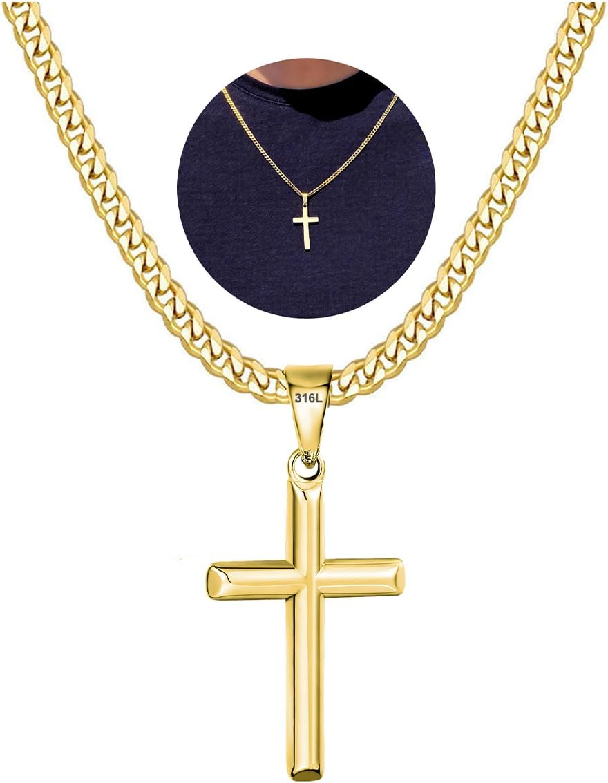 316L Stainless Steel Cross Chain Necklace Valentines Stuff Jewelry Gifts for Men Boys, Silver Gold Black Necklaces 5Mm Non-Fading Sturdy Cuban Chain with Cross Pendant 14/16/18/20/22/24Inch