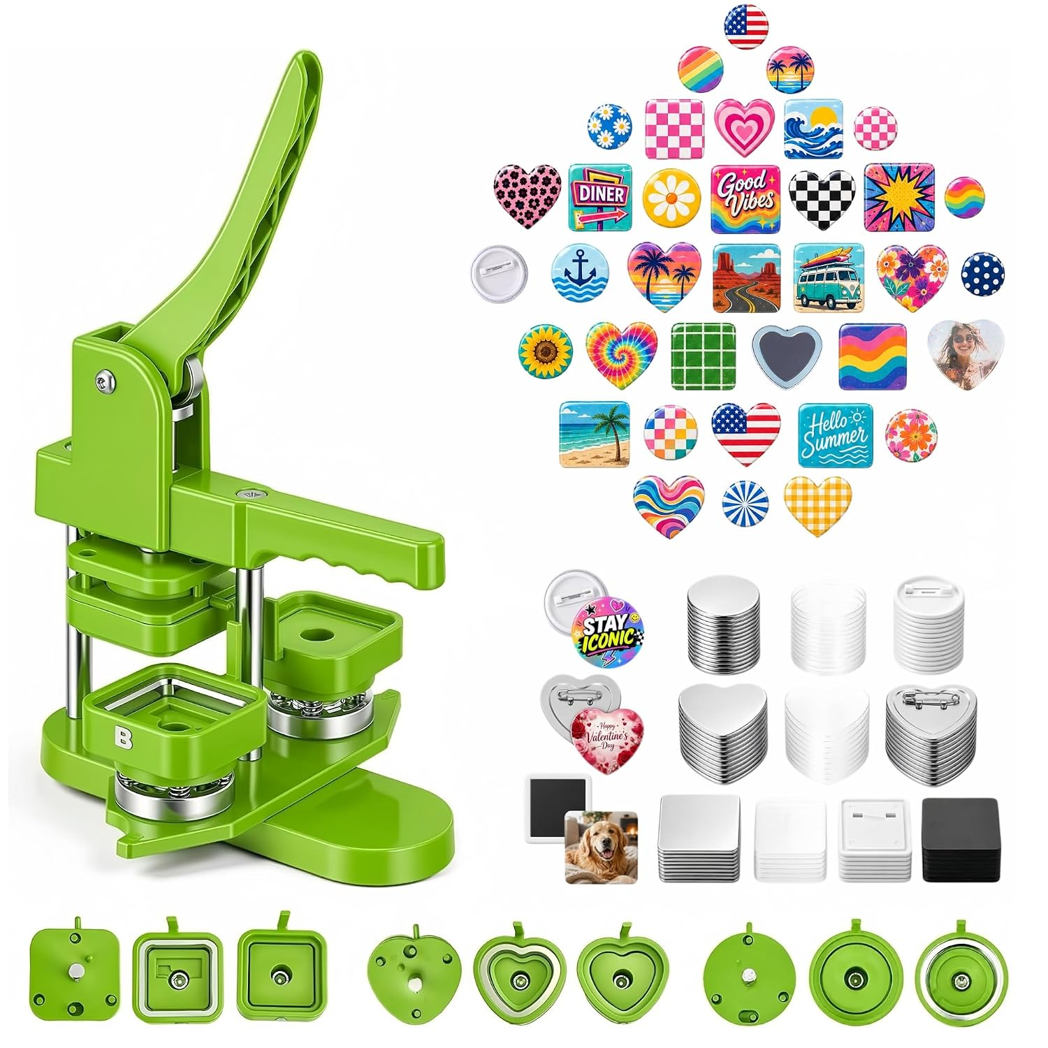Button Maker Machine Kit, Square, round & Heart, Pins & Magnets, 150 Sets