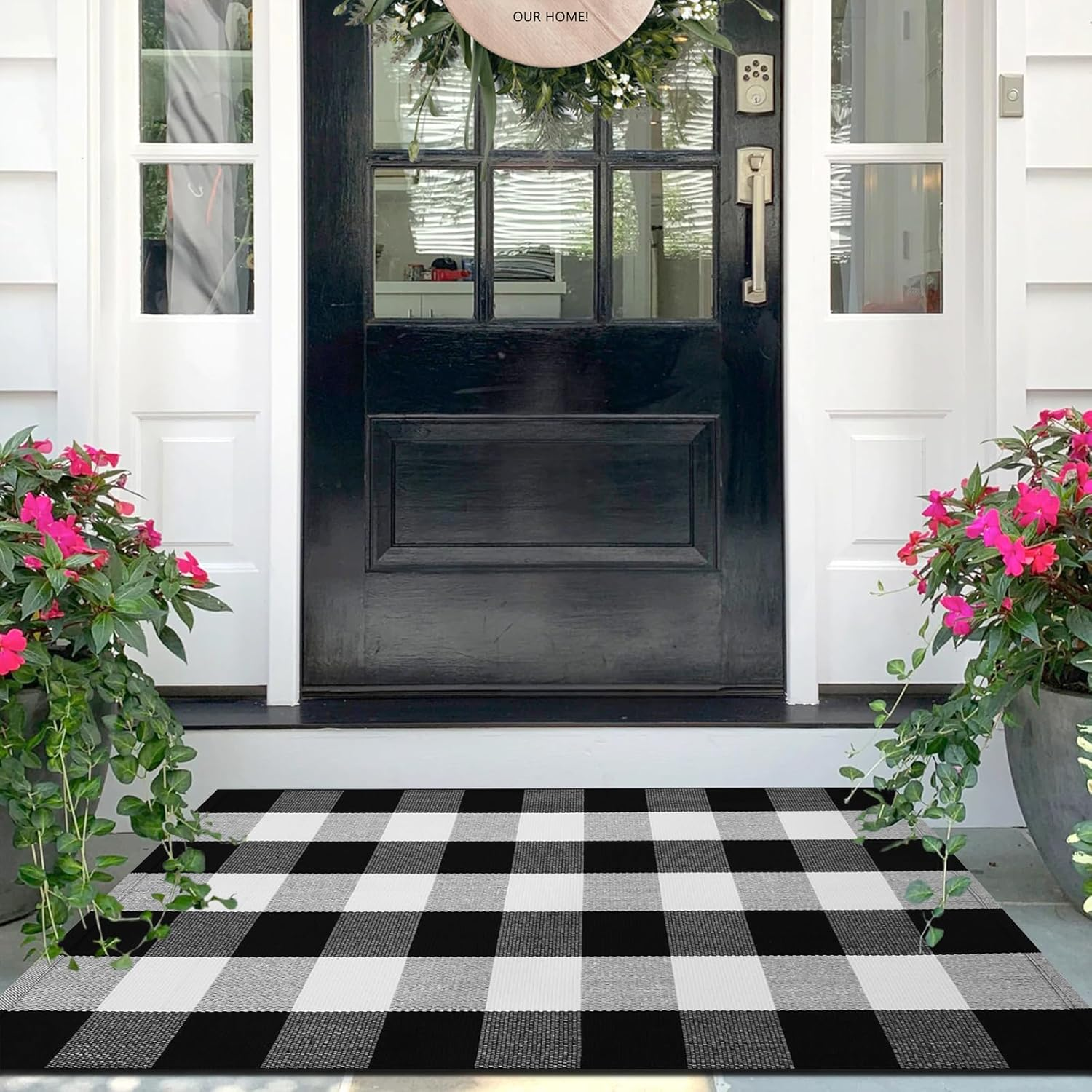 Cotton Buffalo Plaid Check Rug Outdoor Doormat 27.5 X 43 Inches Washable Woven Outdoor Indoor Welcome Mats for Front Door/Farmhouse/Entryway/Home Entrance Black and White Outdoor Rug