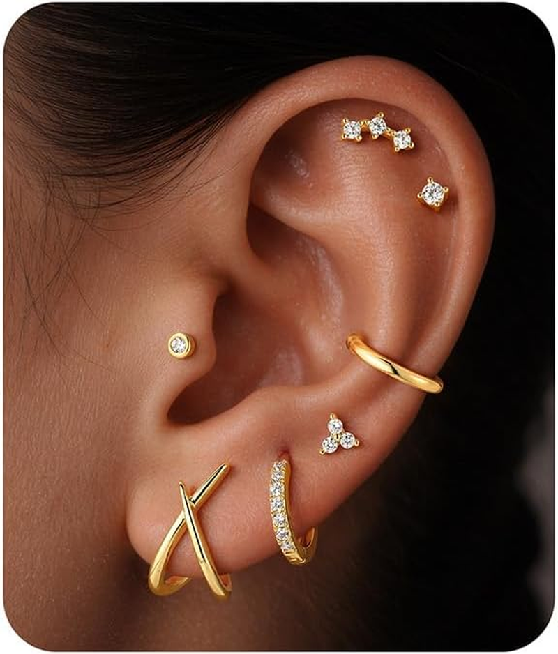 7 Pairs Gold Earrings for Women - Hypoallergenic 14K Gold Plated Stud & Hoop Cartilage Earring Sets Lightweight Helix Lobe Tragus Conch Earrings for Women