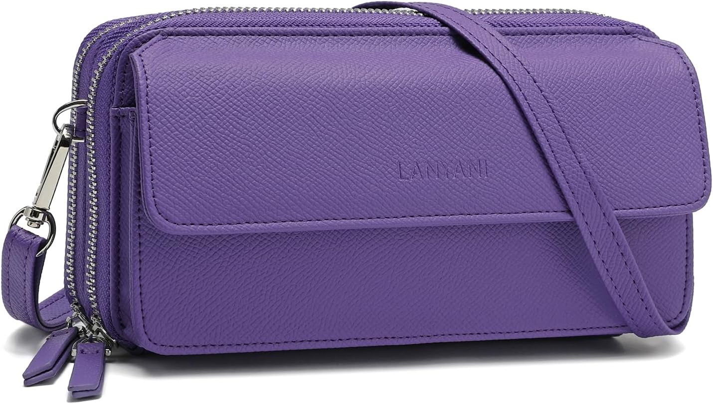 Women Crossbody Wallet RFID Blocking Cell Phone Wristlet Purse Purple Leather