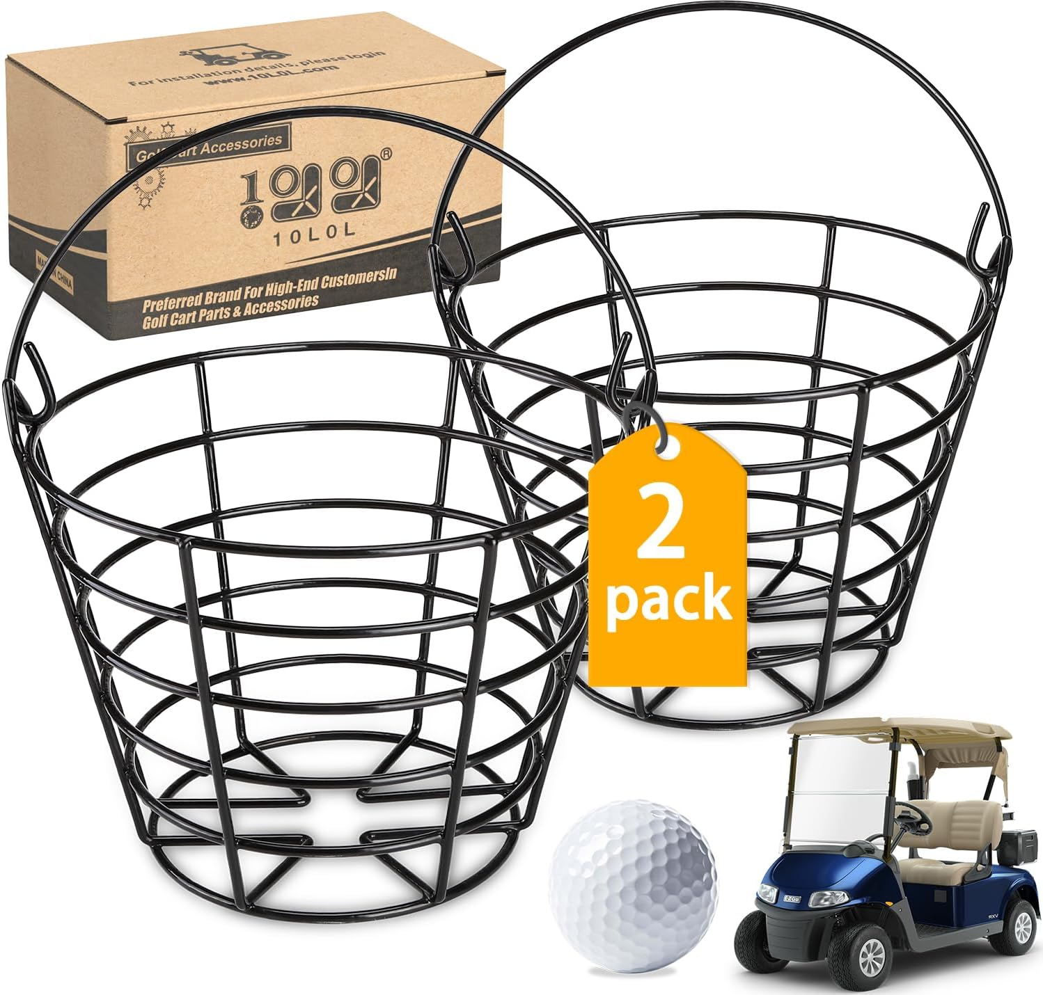 2 Pack Metal Golf Ball Basket with Handle, Holds 50 Balls Each, Driving Range Practice Ball Bucket, Black (Golfballs Not Included)