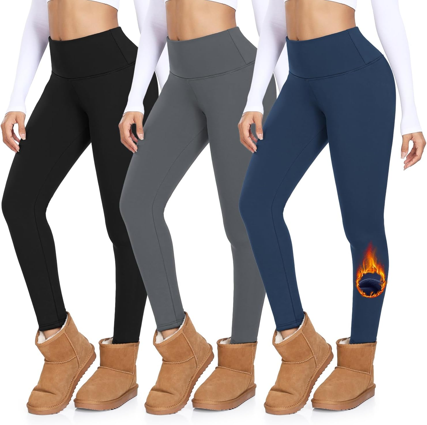 MOREFEEL 3 Pack Thermal Fleece Lined Leggings Women,High Waisted Tummy Control Warm Winter Yoga Workout Thick Pants