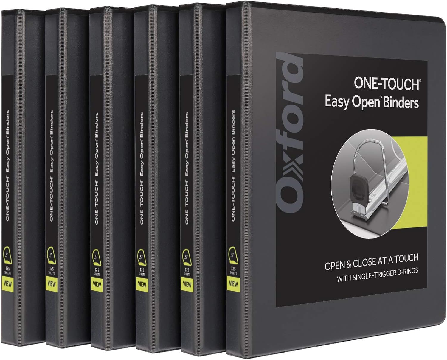 3 Ring Binders, 0.5 Inch One-Touch Easy Open D Rings, Durable Binders for School and Office, View Binder Covers, Xtralife Hinge, Non-Stick, Pvc-Free, Black, Holds 125 Sheets, 6 PK (79901)