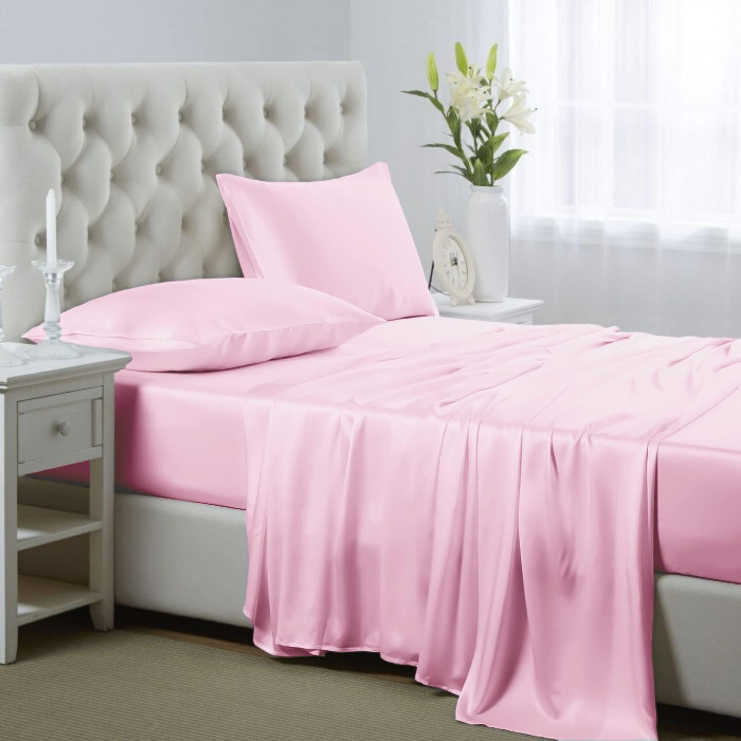 Silk Satin Sheets, 4-Piece Queen Size Satin Bed Sheet Set with Deep Pockets, Cooling Soft and Hypoallergenic Satin Sheets Queen - Pink