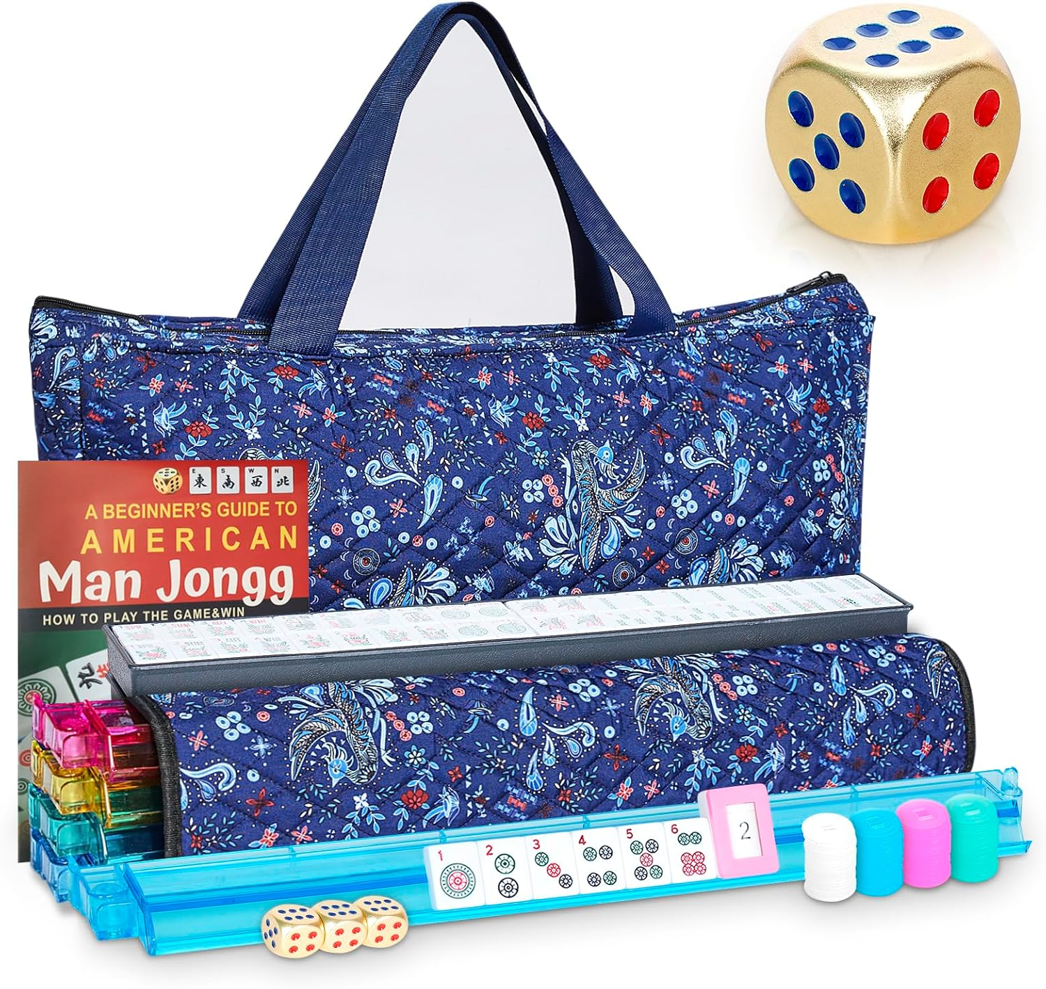 New American Mahjong Game Set, 166 Premium White Tiles with Portable Metal Dices, 4 All-In-One Racks with Pushers, Mah-Jong Games Sets, Ma Jong Tile Game (Blue)