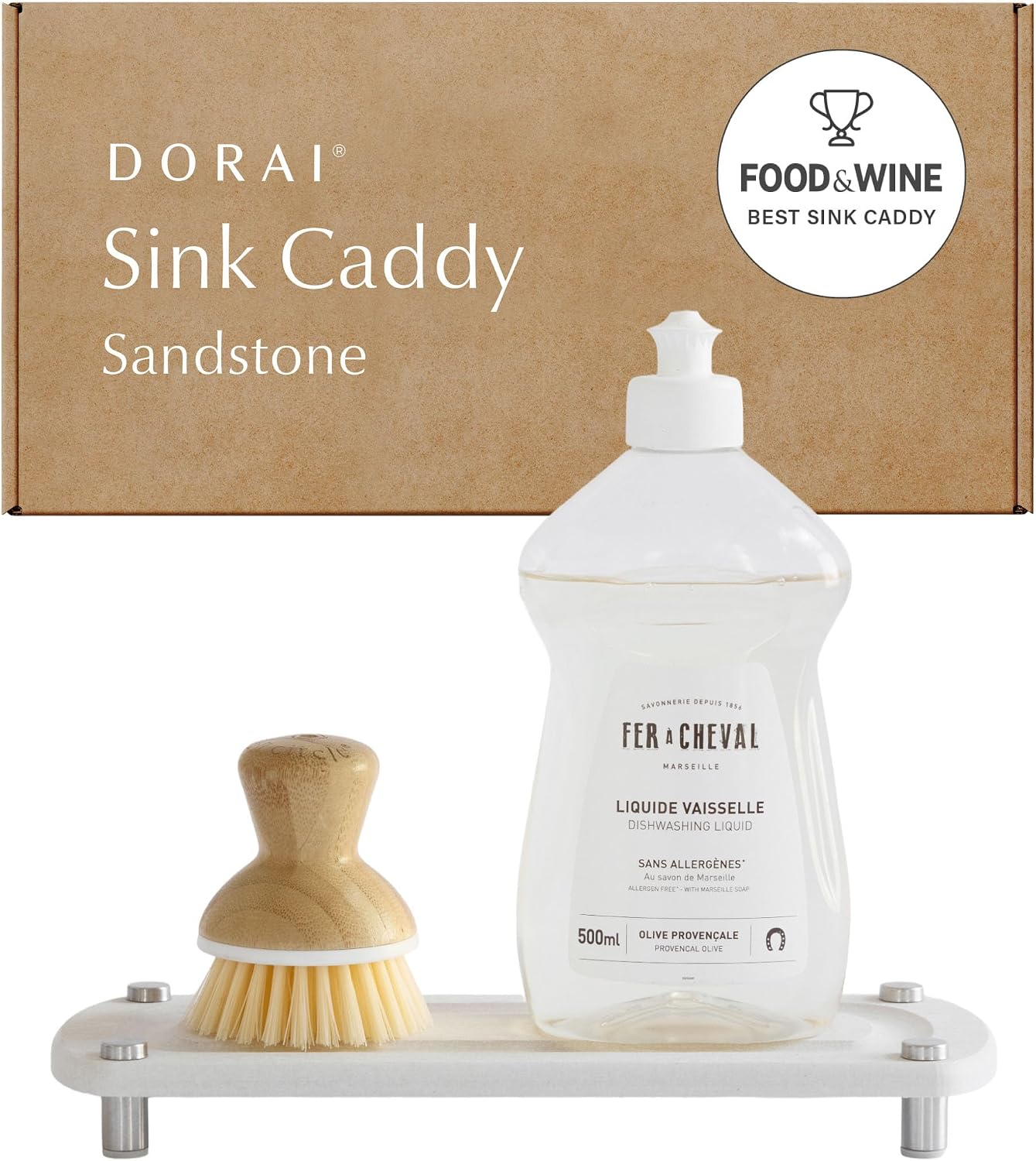 Dorai Home Stone Kitchen Sink Caddy - Diatomaceous Earth Sink Tray with Stainless Steel Feet, Water-Absorbing Countertop Organizer for Kitchen or Bathroom - Sandstone