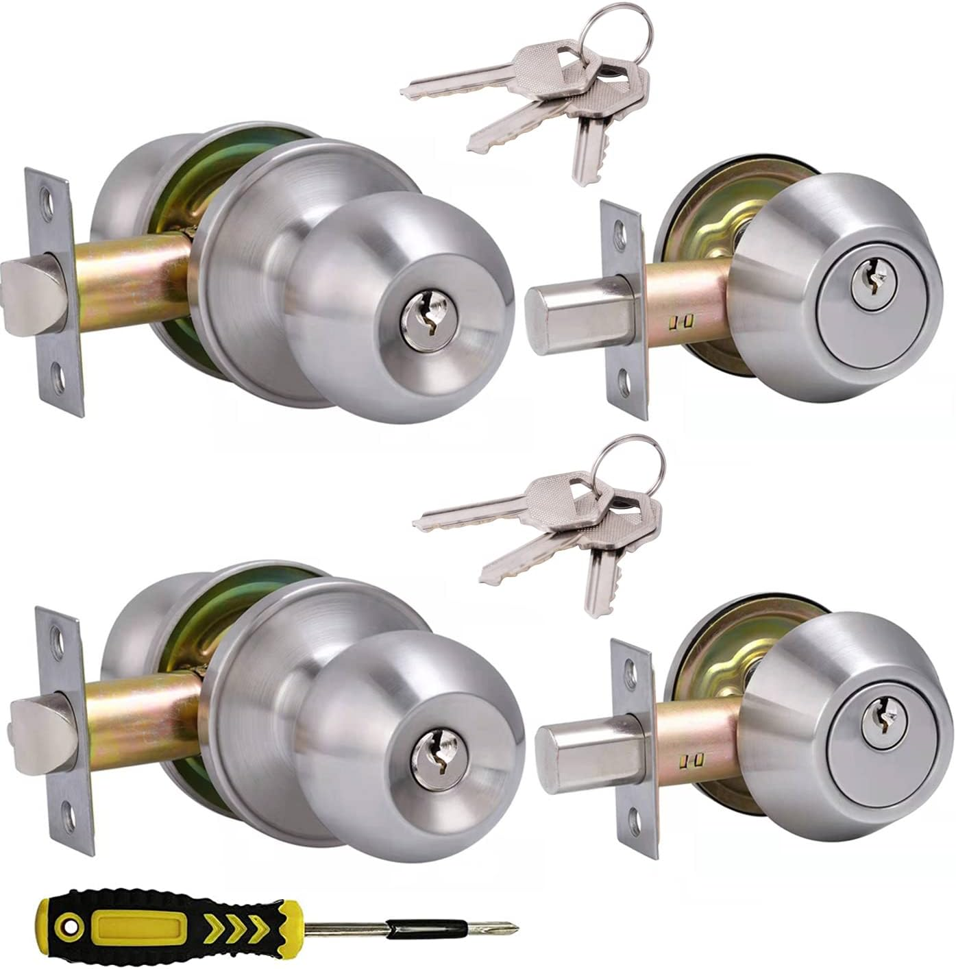 2 Sets All Keyed Same Entry Door Knob and Single Cylinder Deadbolt Combo Set, round Ball Satin Nickel Exterior Door Knobs with Lock and Keys for Entrance and Front Door