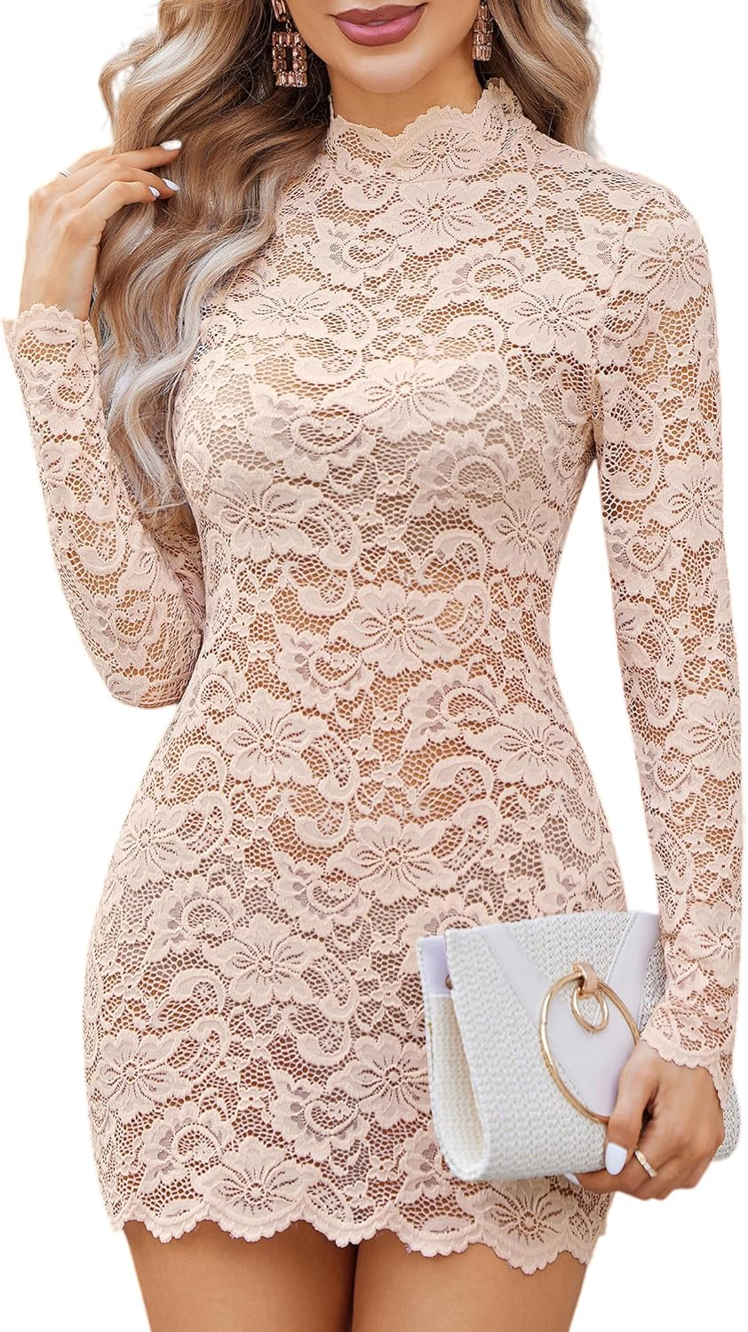 knee length dresses for ladies Lace See-Through Mini Dress