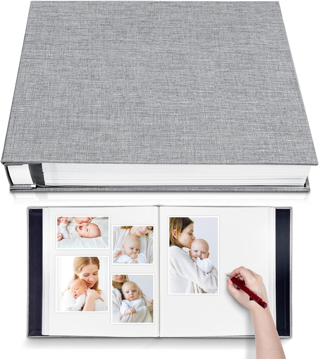 Photo Album Self Adhesive 3X5 4X6 5X7 6X8 8X10 8.5X11 11X10.6 Magnetic Scrapbook Album DIY Length 11X10.6 Inch 40 Pages Linen Cover DIY Photo Album with a Metallic Pen and and Plastic Board(Grey)