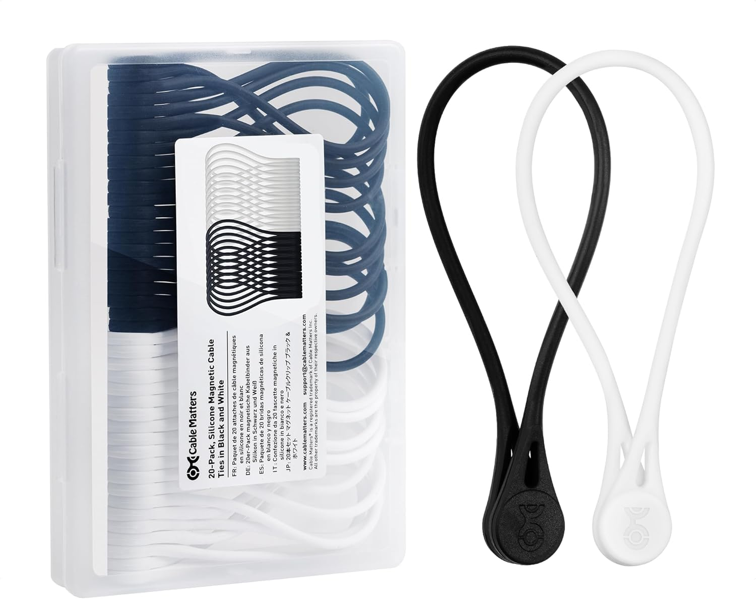 20-Pack Silicone Magnetic Cable Ties (Magnetic Cord Ties, Magnetic Zip Ties/Cord Organizer) in Black and White