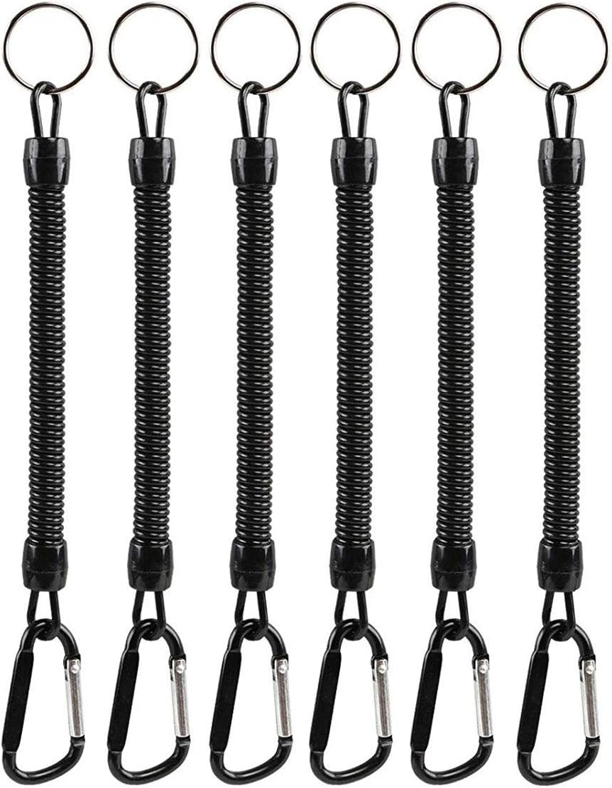 Pack of 6 Black Coiled Fishing Lanyard with Carabiner Fishing Ropes Secure Pliers Lip Grips Tackle Fish Tools