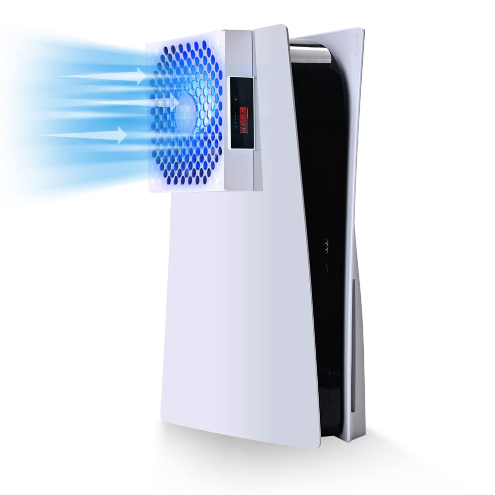 PS5 Cooling Fan,Ps5 Cooler System, Fan Speed Automactically Adjusted by Temperature(℃/℉), Low Noise, 3 Speed 1500/1750/2000RPM (140MM) with RGB LED (White)