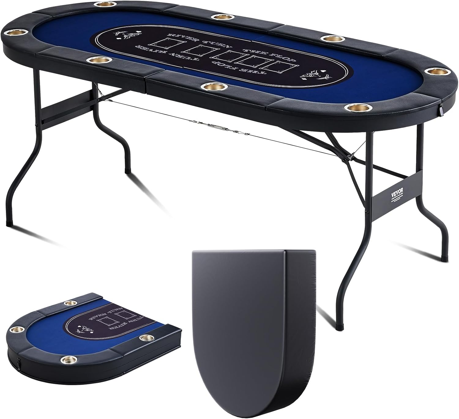 8 Player Poker Table Foldable, Portable Folding Card Board Game Table, Casino Leisure Table, Blackjack Texas Holdem Table with Padded Rails and Stainless Steel Cup Holders,Blue (72 In)
