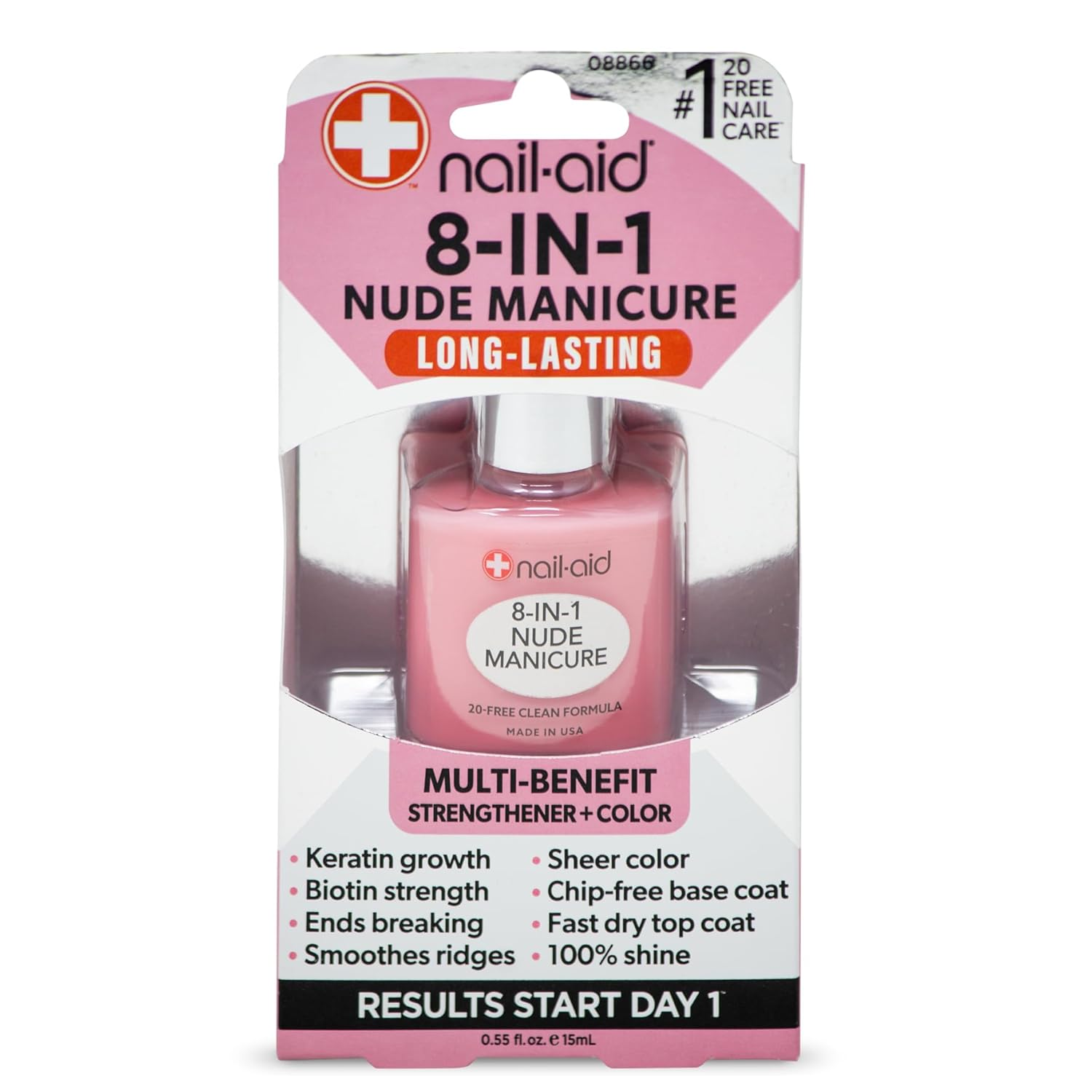8-in-1 Nude Manicure – Multi-Benefit Nail Strengthener with Sheer Pink Nude Finish – Helps Stop Breaking & Peeling – Long-Lasting Glossy Nails