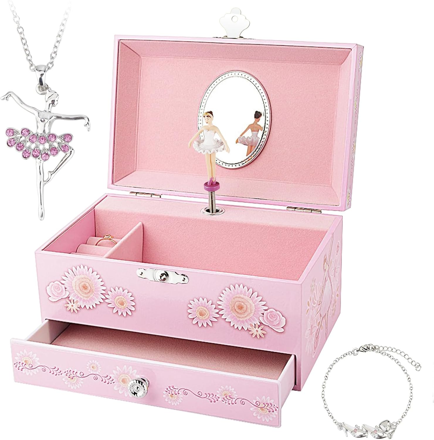 RR round RICH DESIGN Kids Musical Jewelry Box for Girls with Drawer and Jewelry Set with Ballerina Theme - Swan Lake Tune Pink