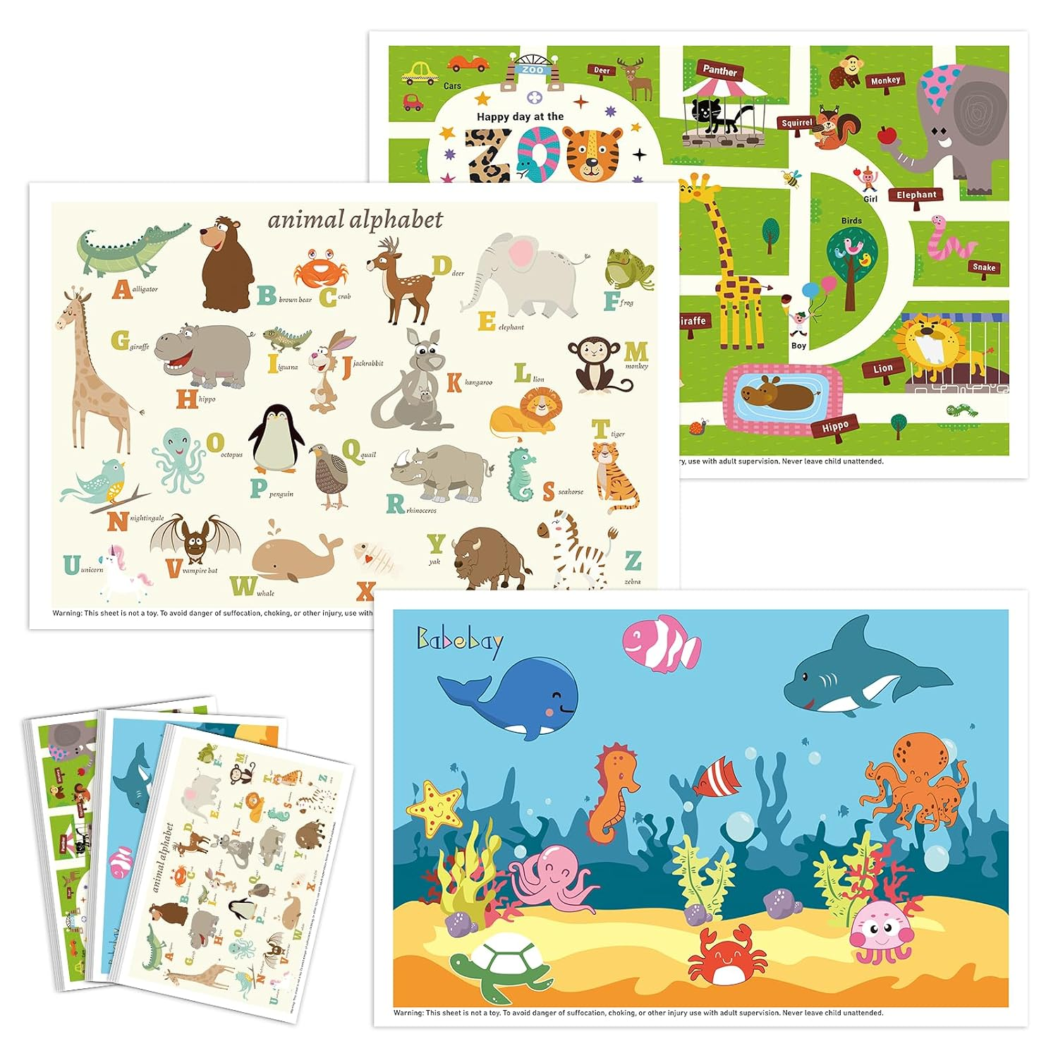 Disposable Stick-On Placemats for Baby, 60 Pack, 3 Animal Designs