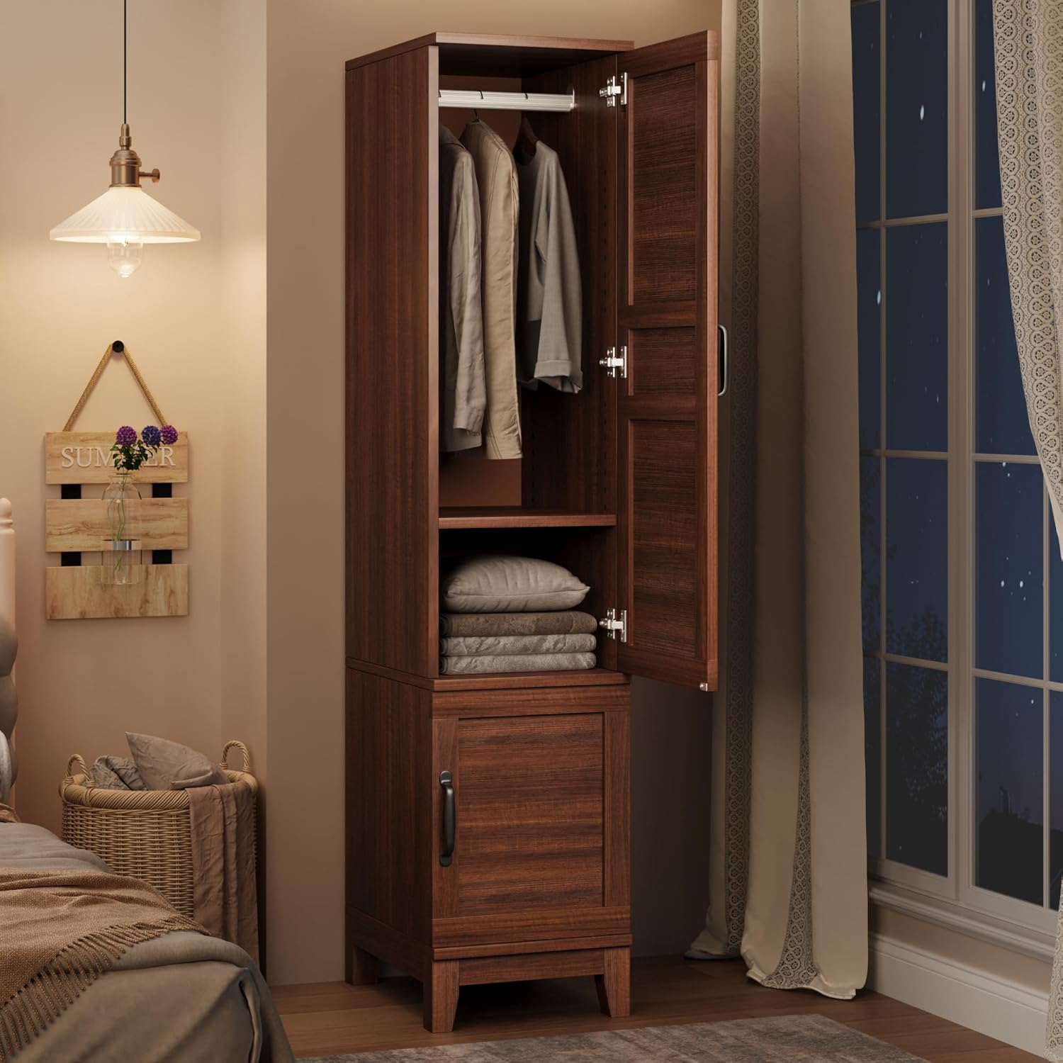 Narrow Walnut Wardrobe Armoire with 2 Doors & 18 Adjustable Shelves
