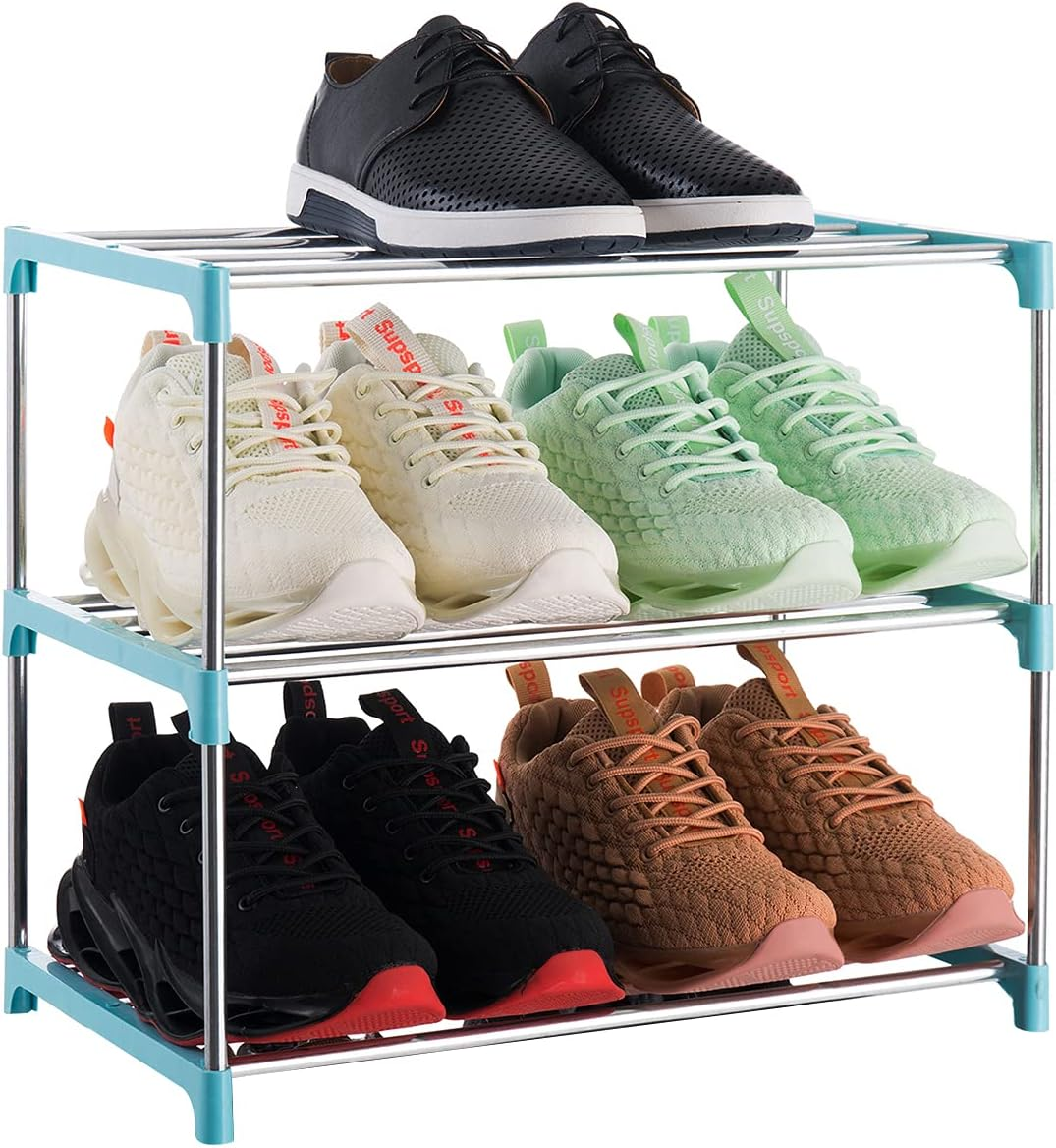 3-Tier Stackable Small Shoe Rack, Lightweight Shoe Shelf Storage Organizer | [Blue] [For Entryway, Hallway and Closet]