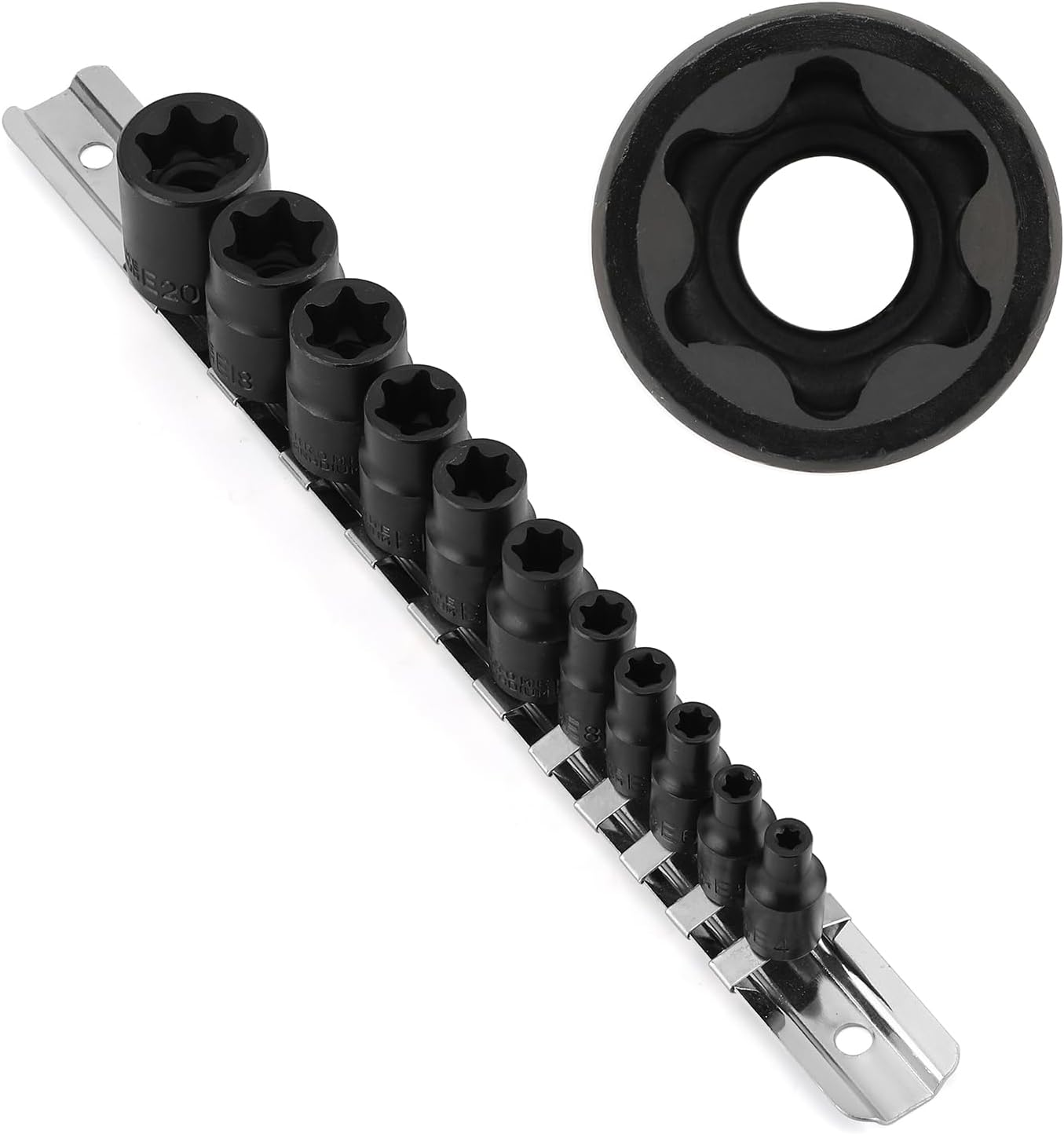 11 PC Female E-TORX Star Socket Set with Rail, Female External Star Socket Set, E4 - E20 Torque Socket Set