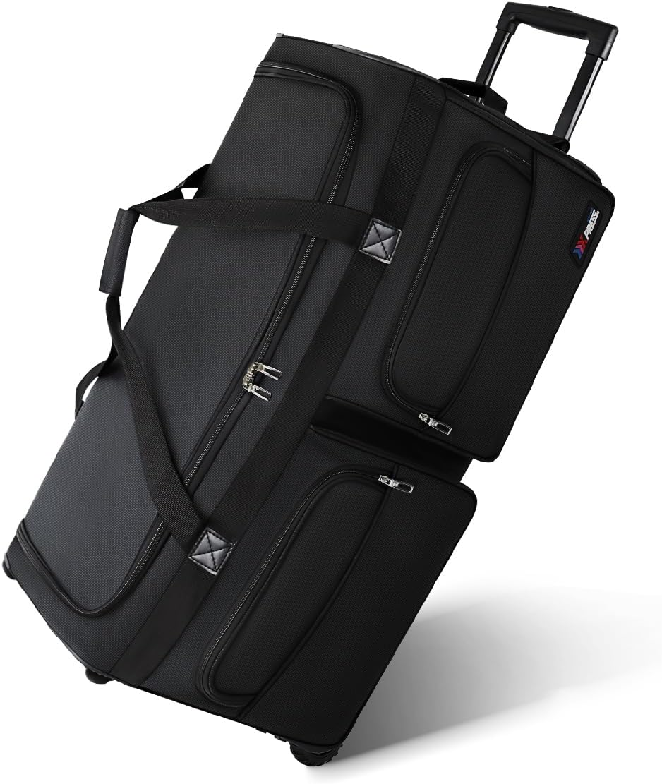 Wheeled Rolling Duffel Bag,All Black Travel Duffle Bag with Handle,30 Inches