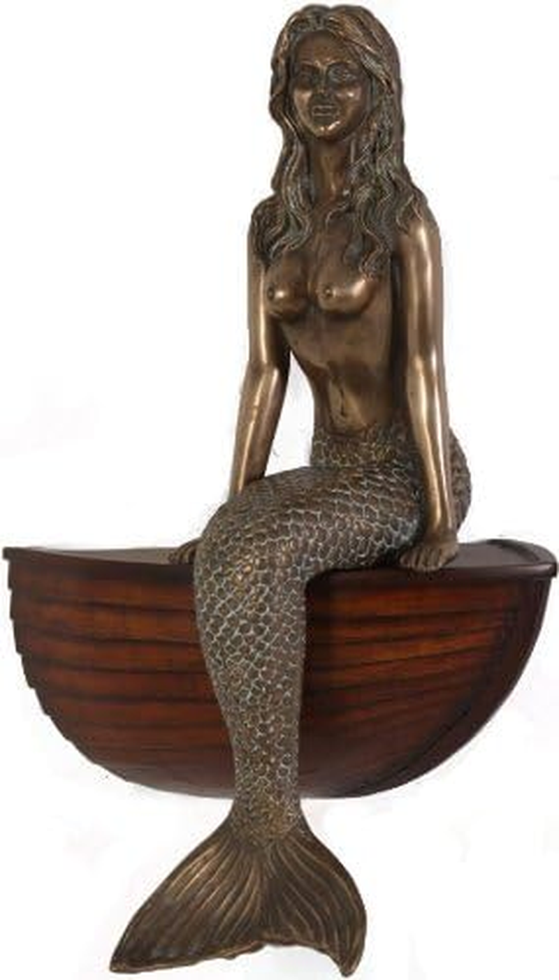 Enchanting  Mermaid 3D Wall Sculpture with Verde Bronze Finish and Wooden Boat Design